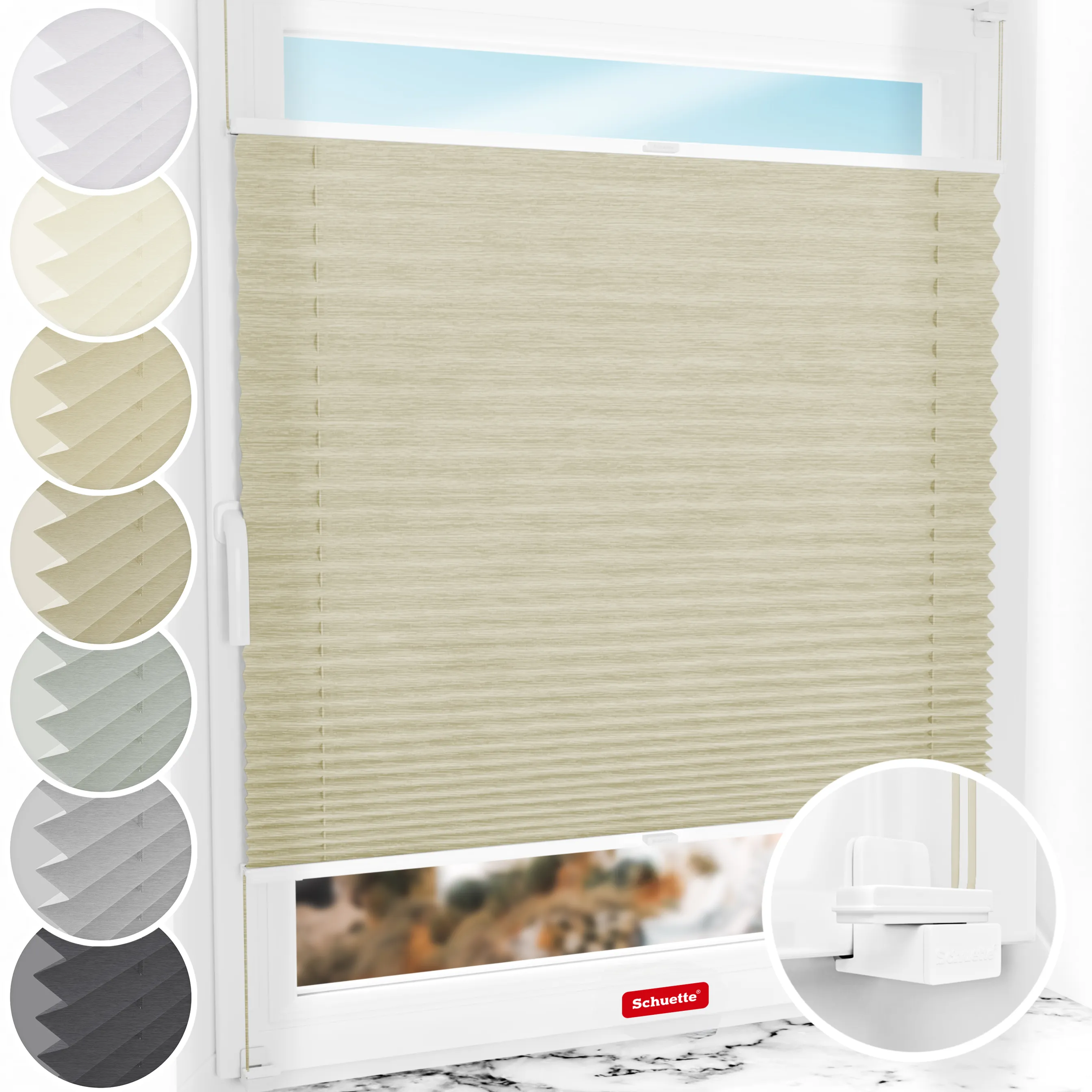 Schuette® Plissee ohne Bohren nach Maß • Suprafix Klemmhalter "X" • Dolomite Kollektion: Light Coffee (Beige) • Profilfarbe: Weiß