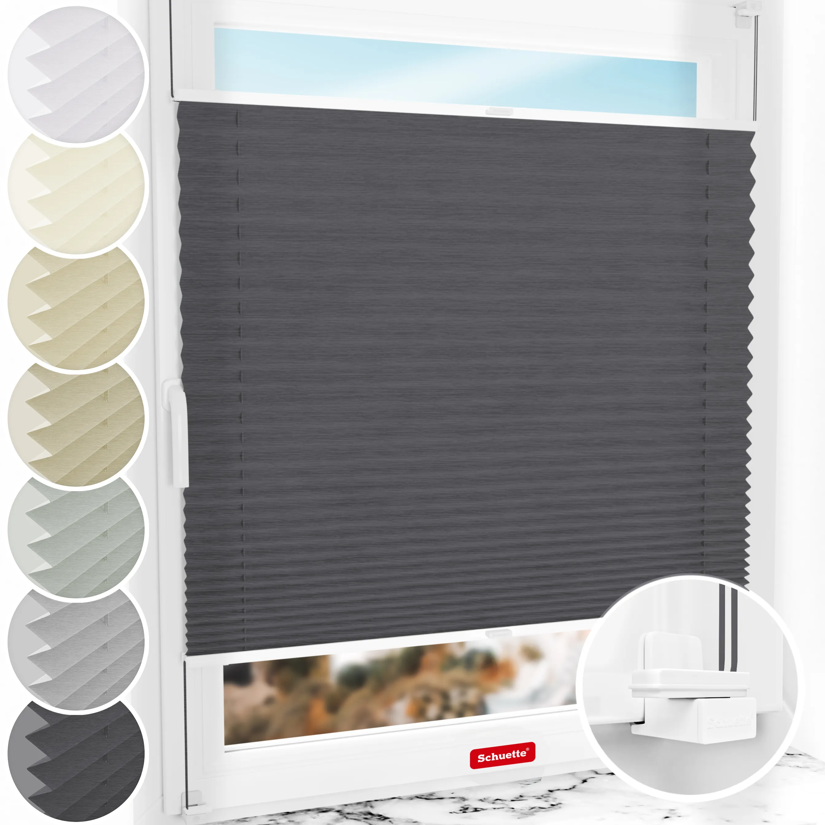 Schuette® Plissee ohne Bohren nach Maß • Suprafix Klemmhalter "X" • Dolomite Kollektion: Dark Vintage (Grau) • Profilfarbe: Weiß