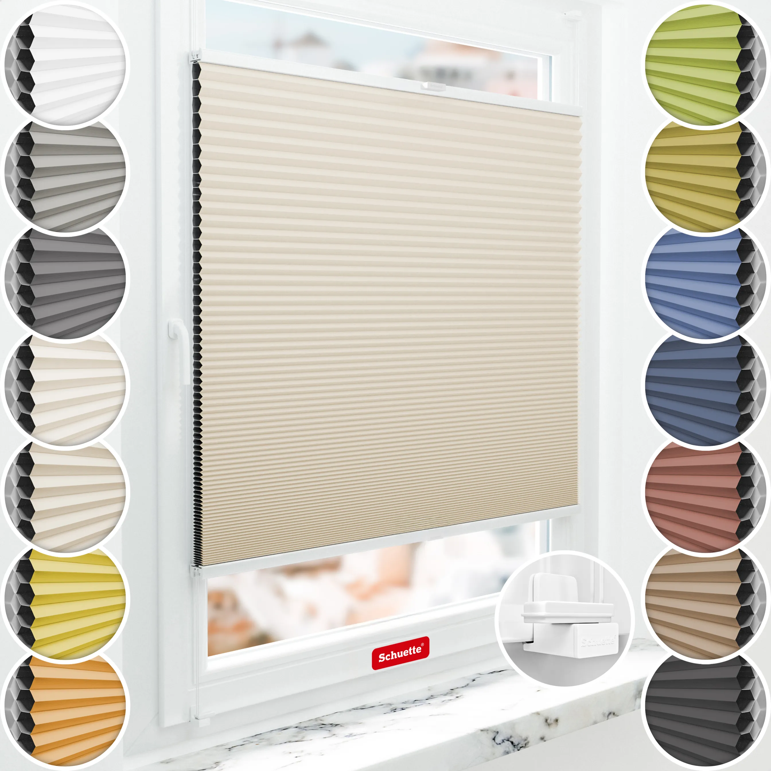 Schuette® Wabenplissee ohne Bohren nach Maß • Suprafix Klemmhalter "X" • Honey Kollektion: The Dune (Beige) • Profilfarbe: Weiß