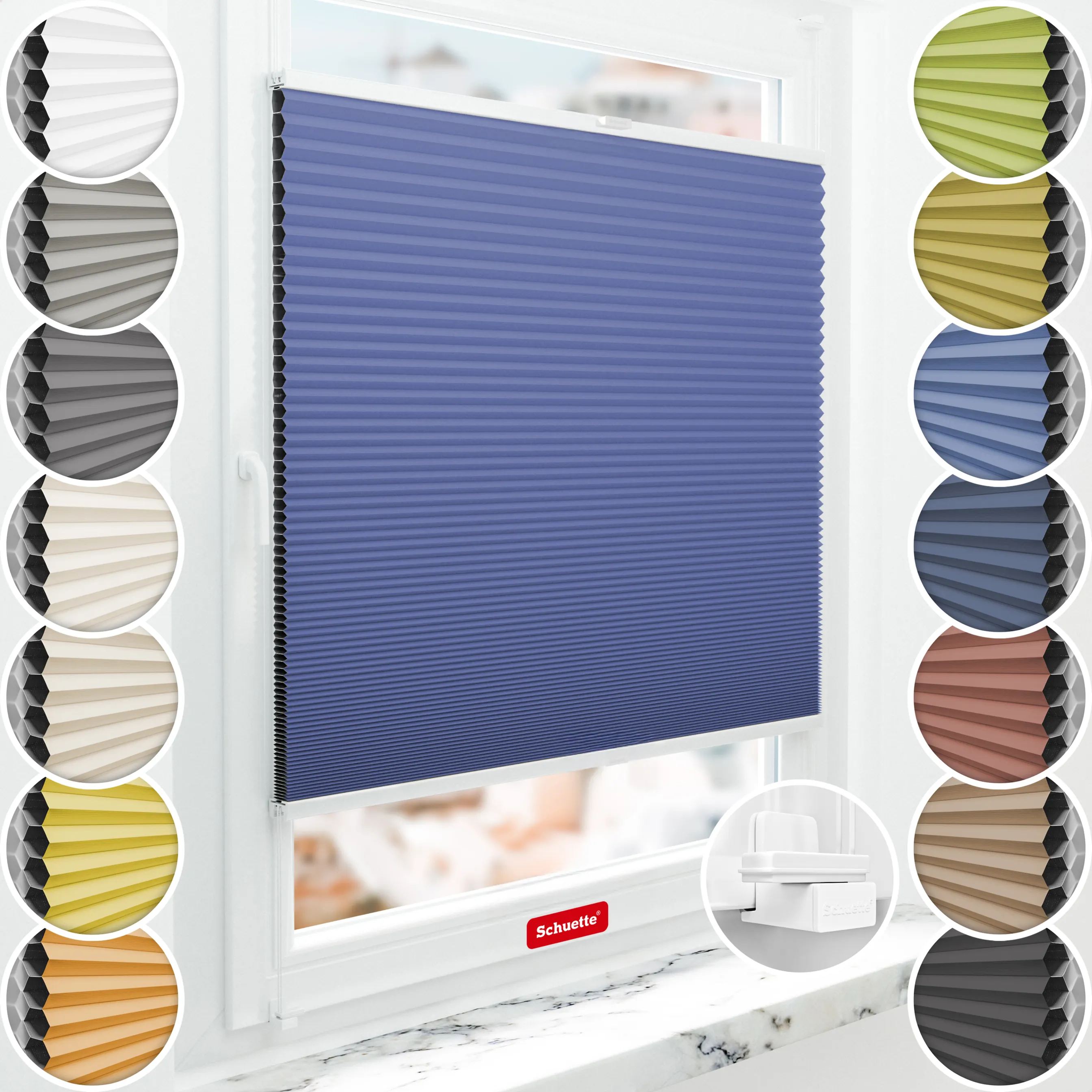 Schuette® Wabenplissee ohne Bohren nach Maß • Suprafix Klemmhalter "X" • Honey Kollektion: Skyline (Blau) • Profilfarbe: Weiß