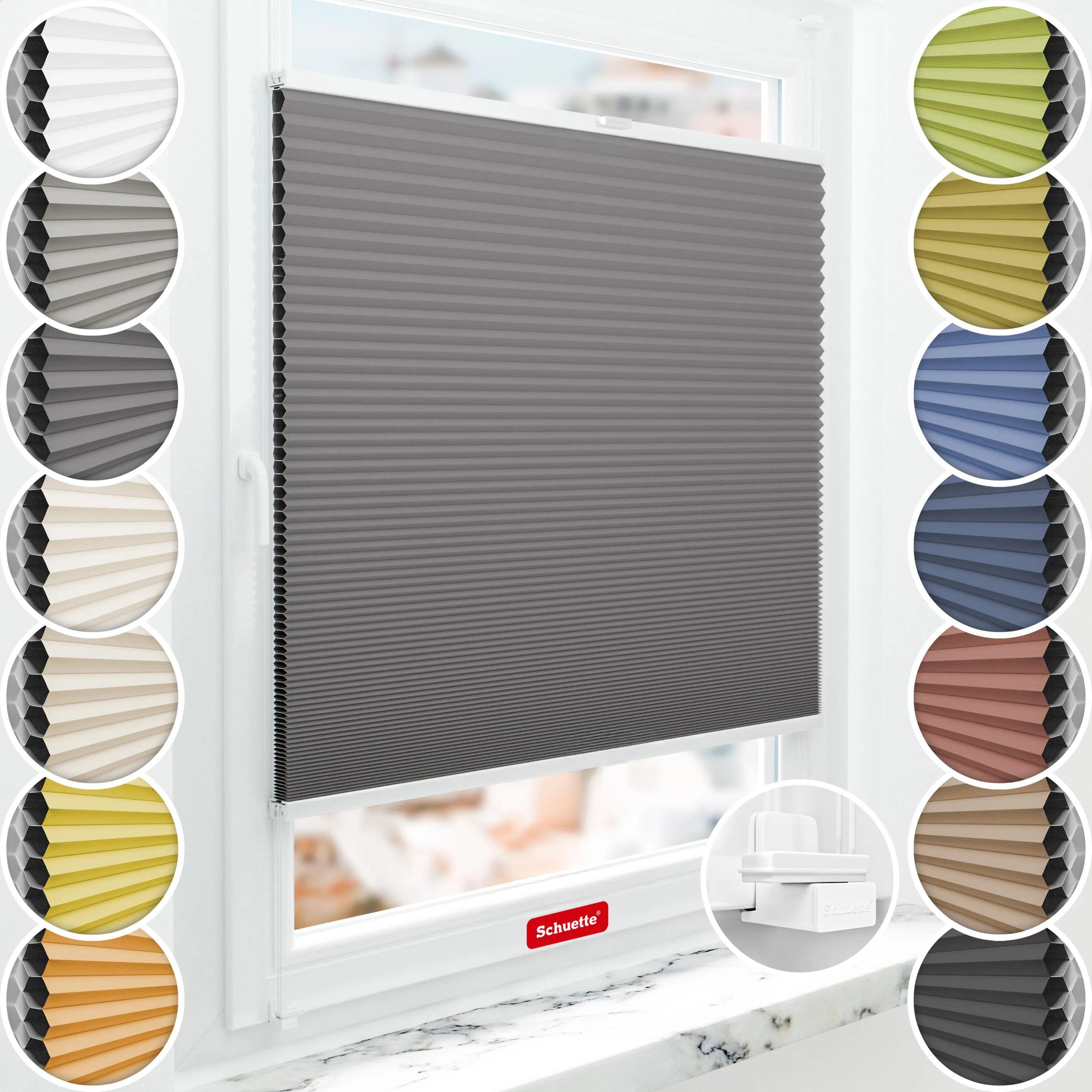 Schuette® Wabenplissee ohne Bohren nach Maß • Suprafix Klemmhalter "X" • Honey Kollektion: Twilight Tango (Grau) • Profilfarbe: Weiß