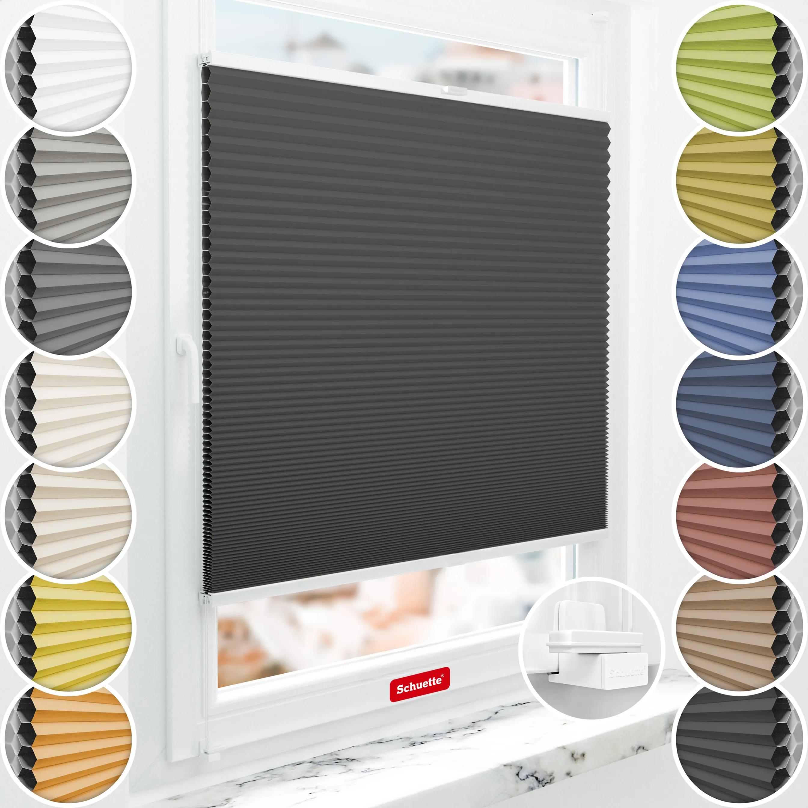 Schuette® Wabenplissee ohne Bohren nach Maß • Suprafix Klemmhalter "X" • Honey Kollektion: Starry Night (Schwarz) • Profilfarbe: Weiß