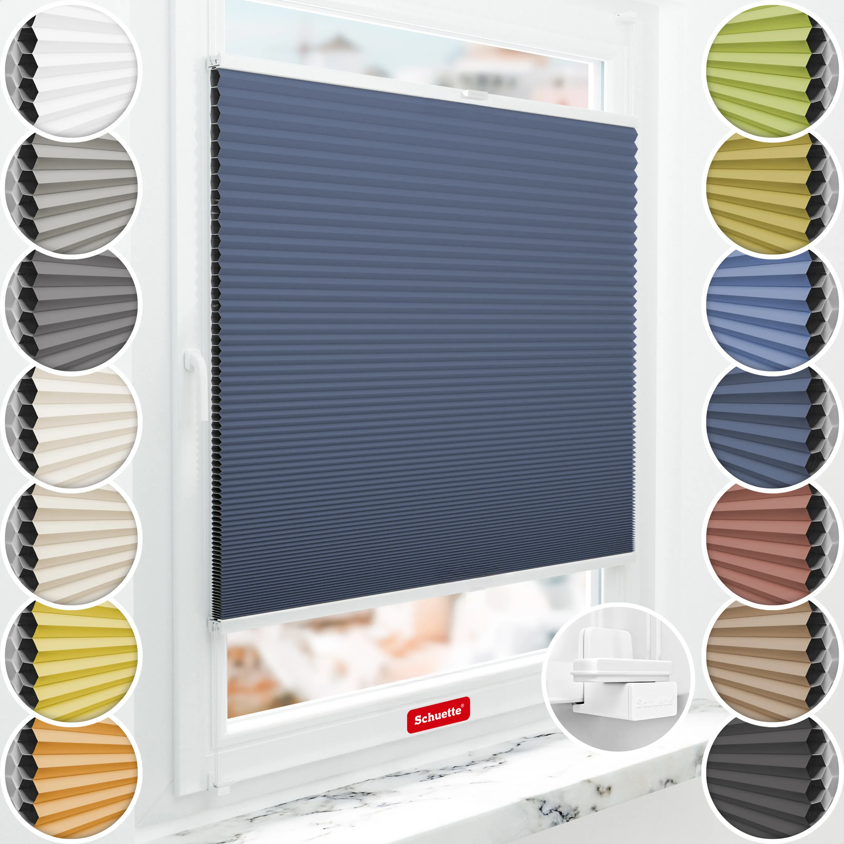 Schuette® Wabenplissee ohne Bohren nach Maß • Suprafix Klemmhalter "X" • Honey Kollektion: Arctic Ocean (Dunkelblau) • Profilfarbe: Weiß