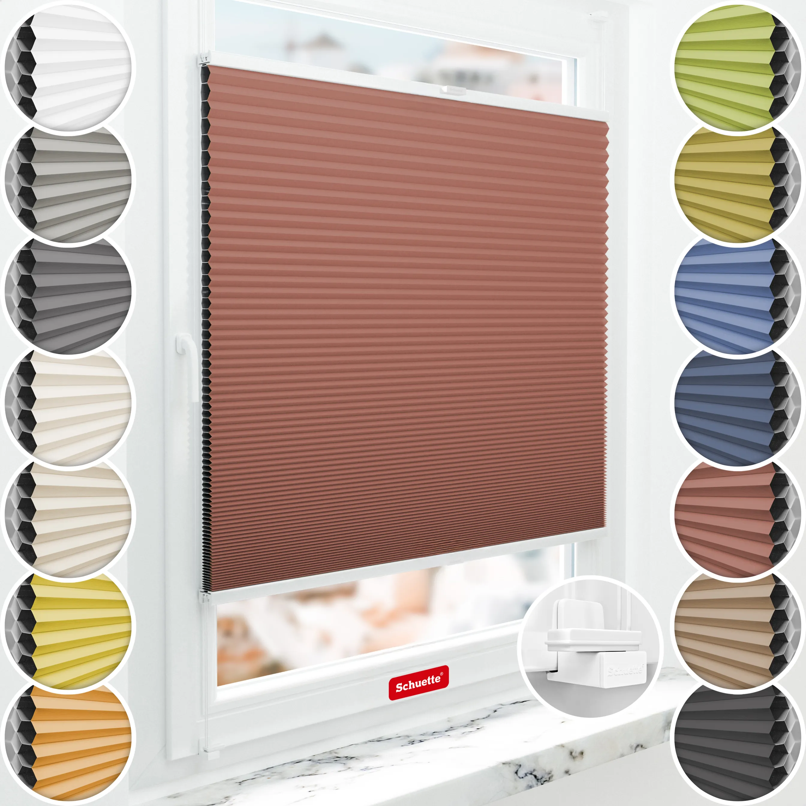 Schuette® Wabenplissee ohne Bohren nach Maß • Suprafix Klemmhalter "X" • Honey Kollektion: Poppy Petal (Dunkelrot) • Profilfarbe: Weiß