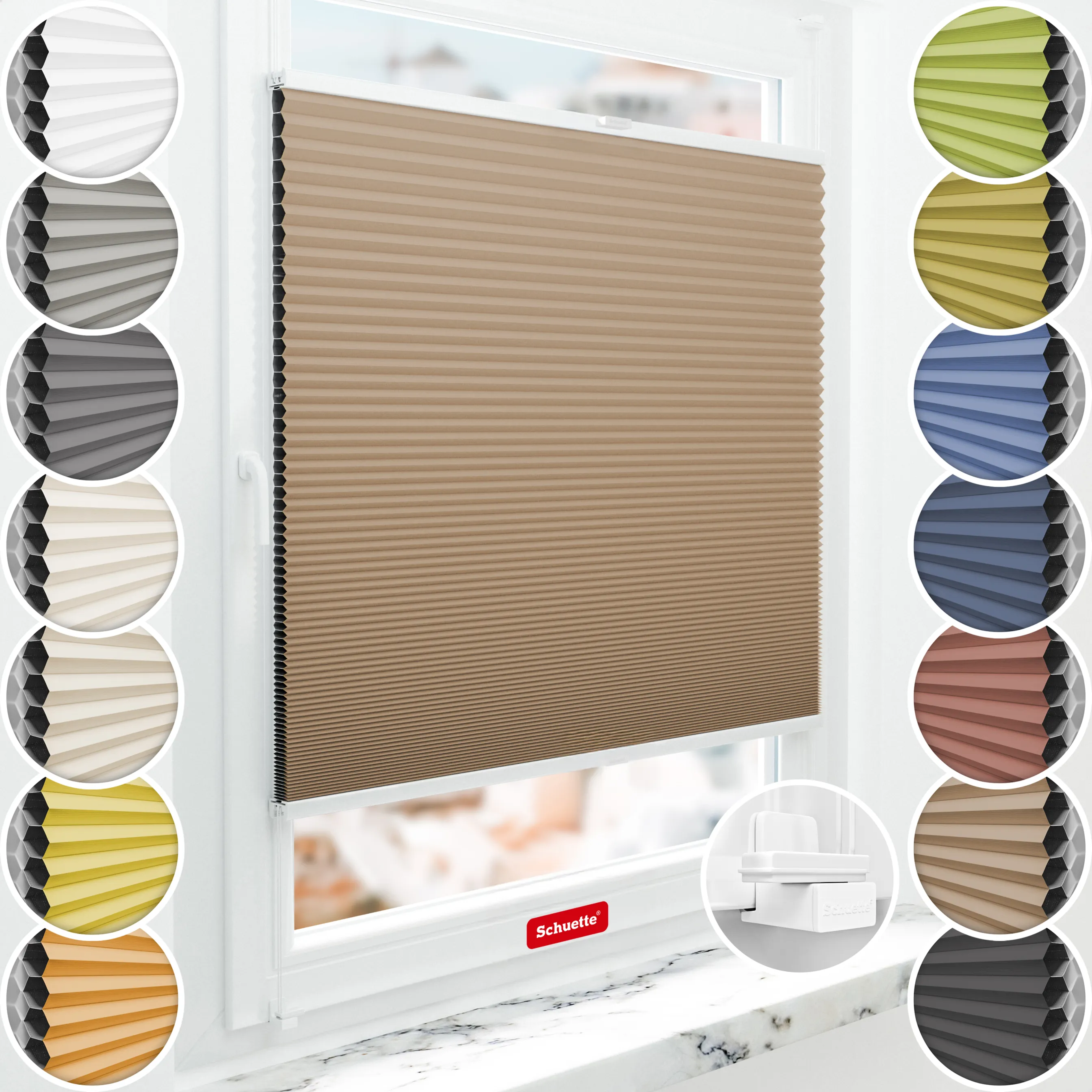 Schuette® Wabenplissee ohne Bohren nach Maß • Suprafix Klemmhalter "X" • Honey Kollektion: Maple Wood (Braun) • Profilfarbe: Weiß