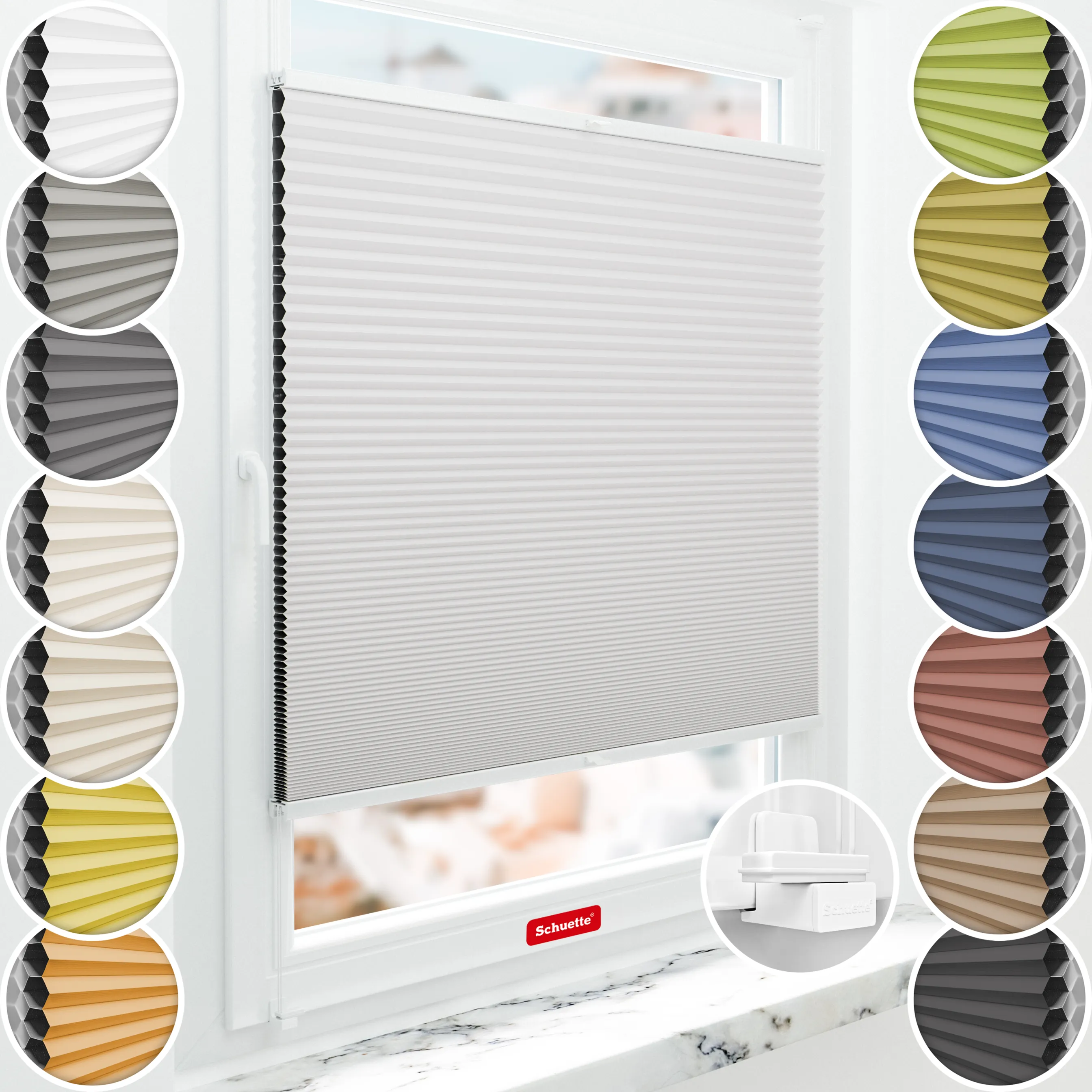 Schuette® Wabenplissee ohne Bohren nach Maß • Suprafix Klemmhalter "X" • Honey Kollektion: Gray-zy in Love (Pastellgrau) • Profilfarbe: Weiß