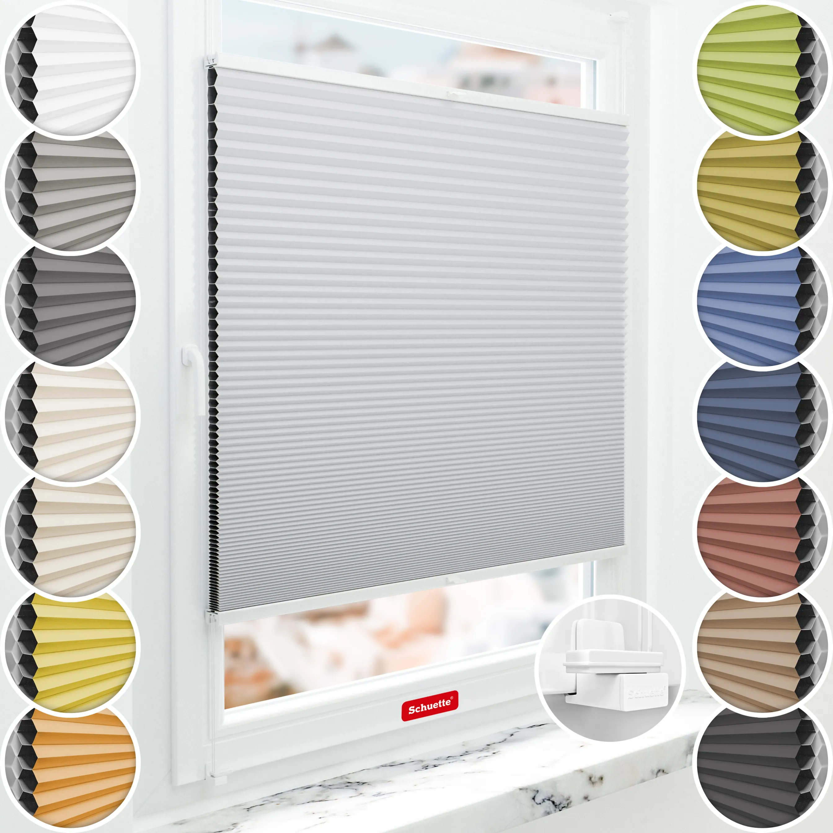 Schuette® Wabenplissee ohne Bohren nach Maß • Suprafix Klemmhalter "X" • Honey Kollektion: Skyfall (Hellgrau) • Profilfarbe: Weiß