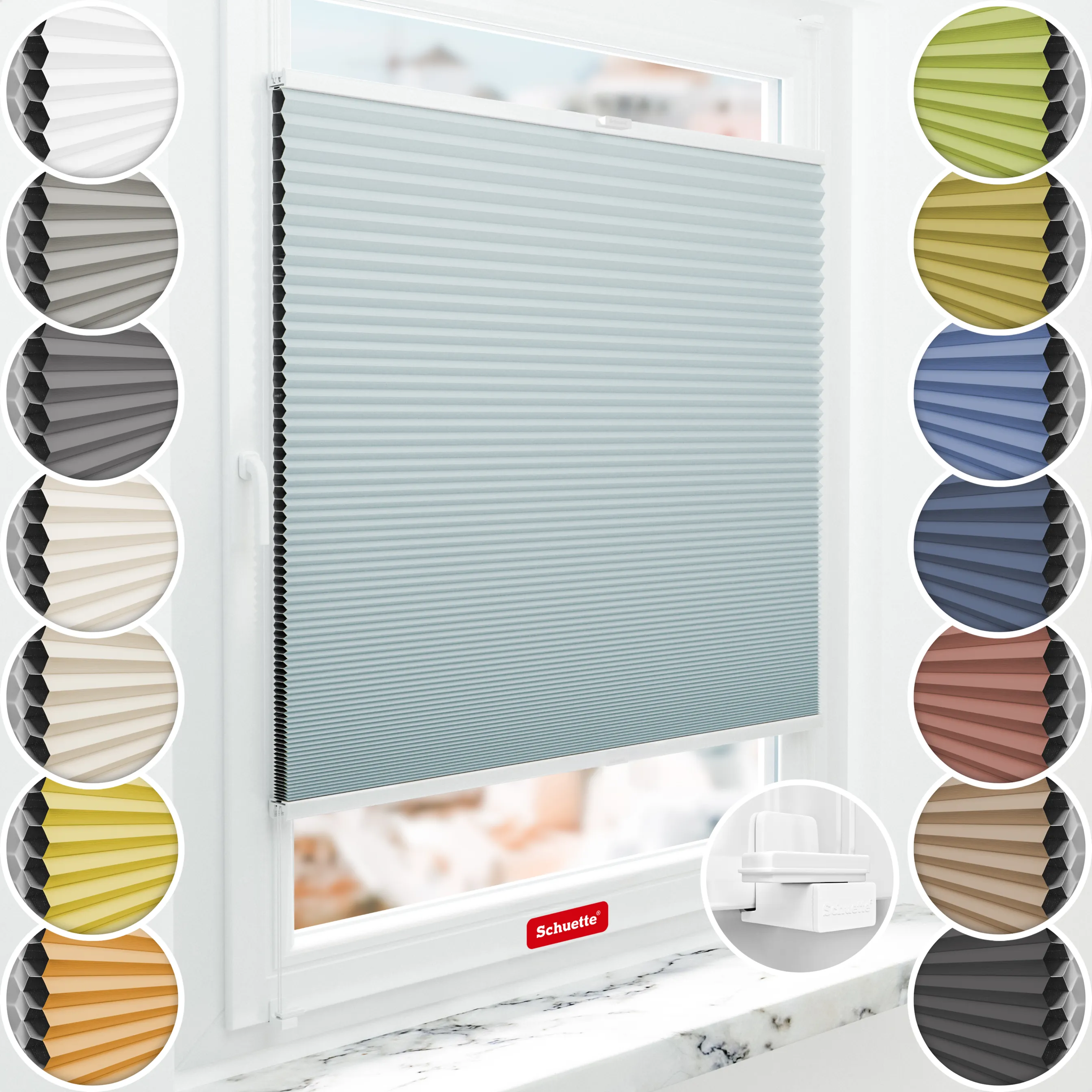 Schuette® Wabenplissee ohne Bohren nach Maß • Suprafix Klemmhalter "X" • Honey Kollektion: Cloud Nine (Pastellblau) • Profilfarbe: Weiß