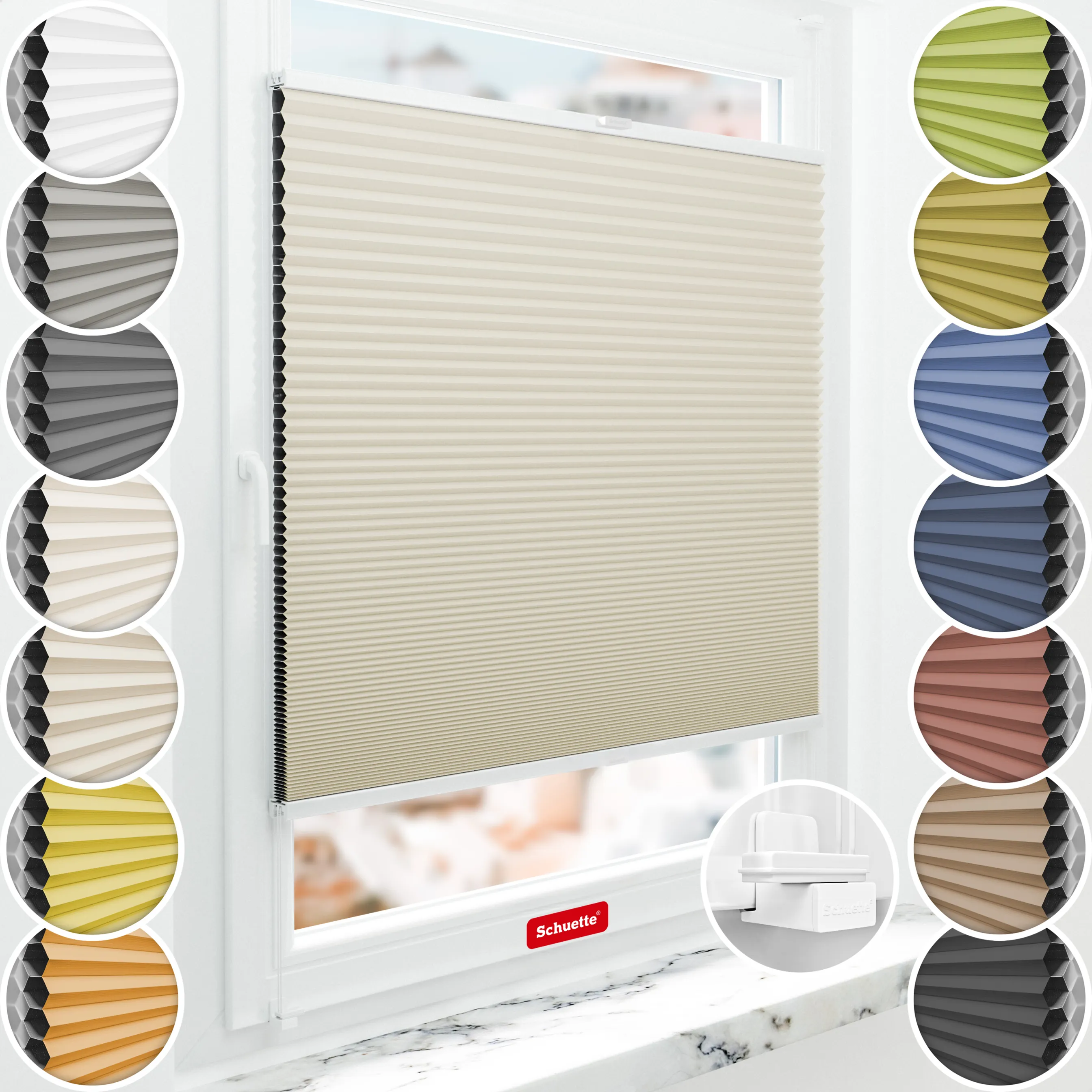 Schuette® Wabenplissee ohne Bohren nach Maß • Suprafix Klemmhalter "X" • Honey Kollektion: Belgian Waffle (Creme) • Profilfarbe: Weiß