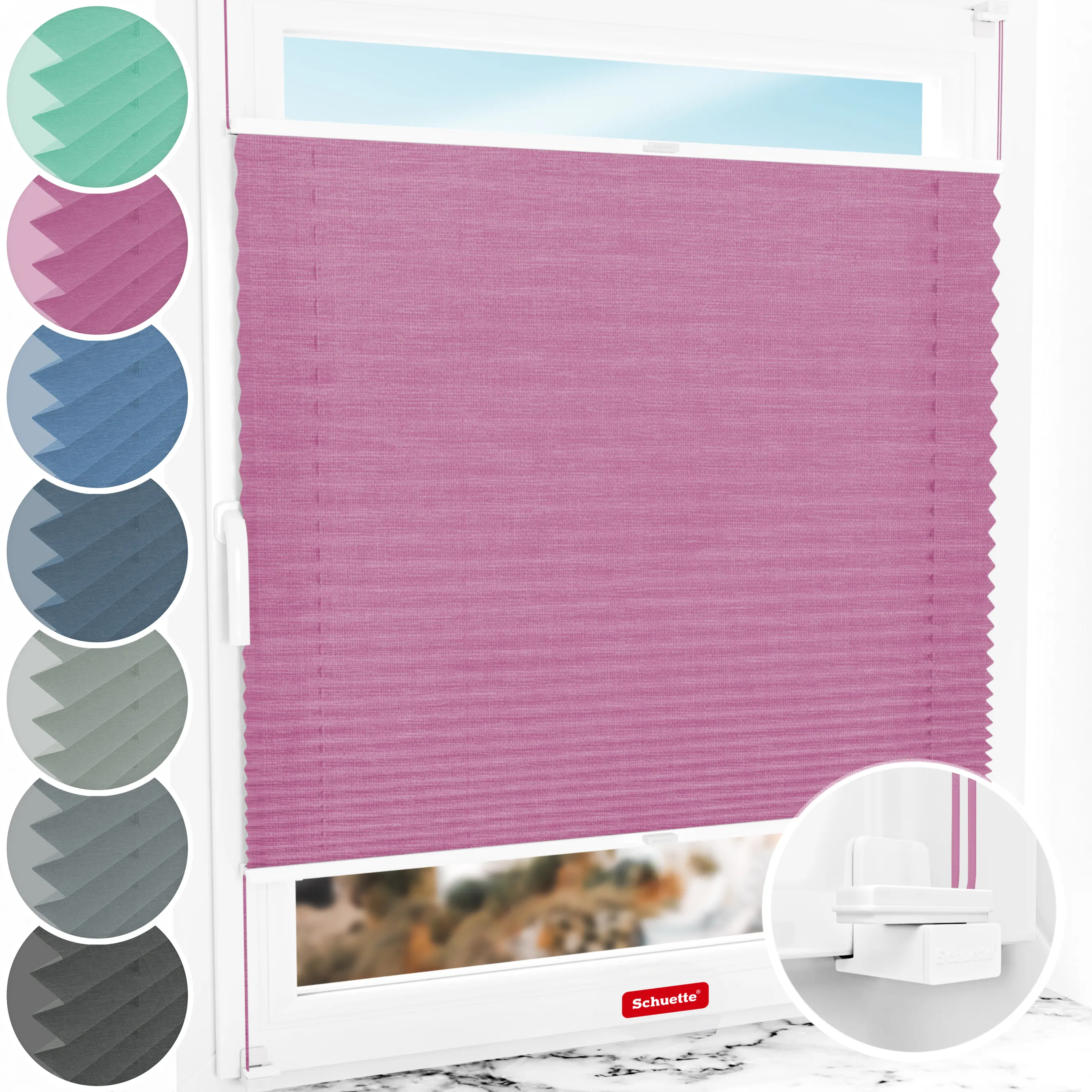 Schuette® Plissee ohne Bohren nach Maß • Suprafix Klemmhalter "X" • Melange Kollektion: Magic Pink (Rosa) • Profilfarbe: Weiß