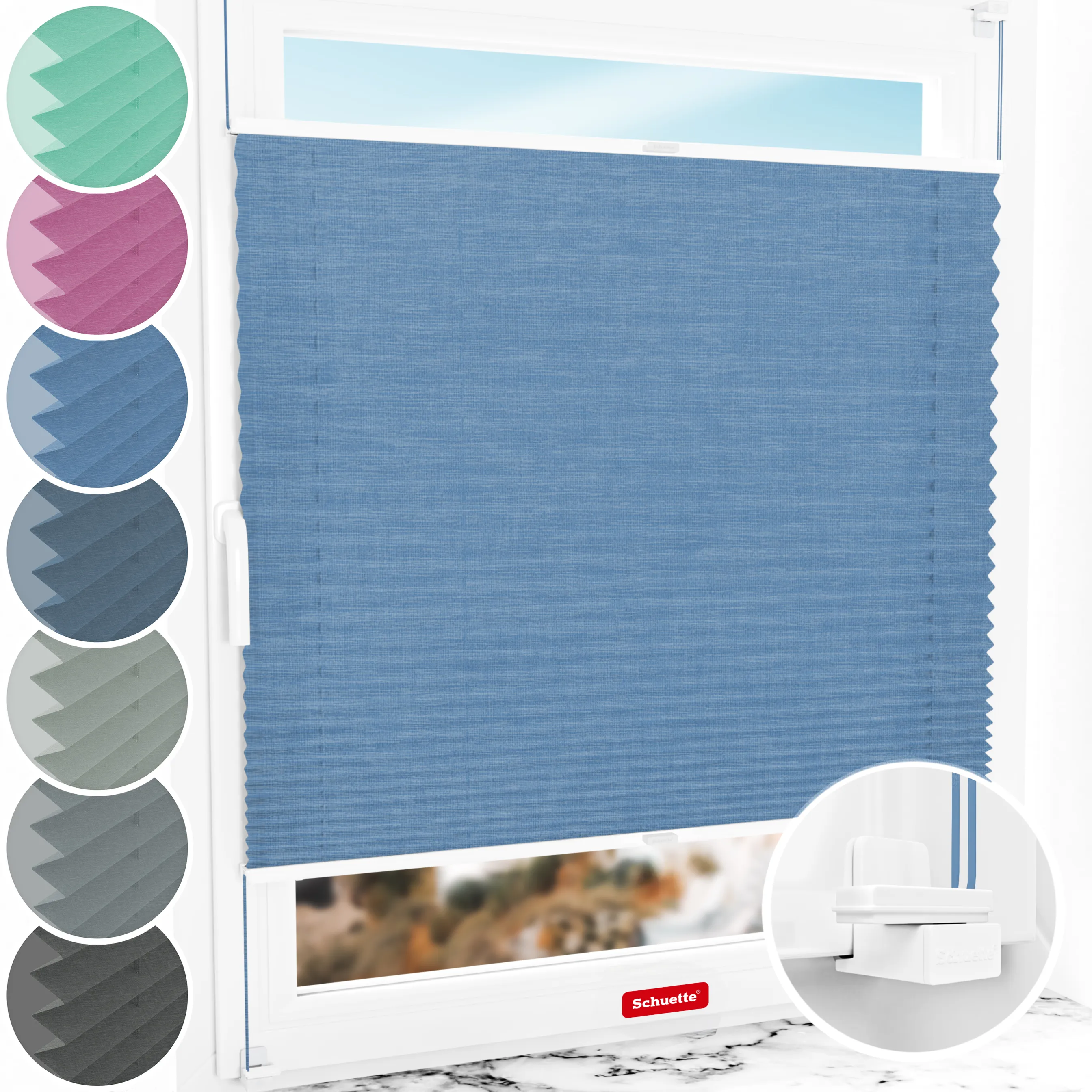 Schuette® Plissee ohne Bohren nach Maß • Suprafix Klemmhalter "X" • Melange Kollektion: Deep Sea (Blau) • Profilfarbe: Weiß