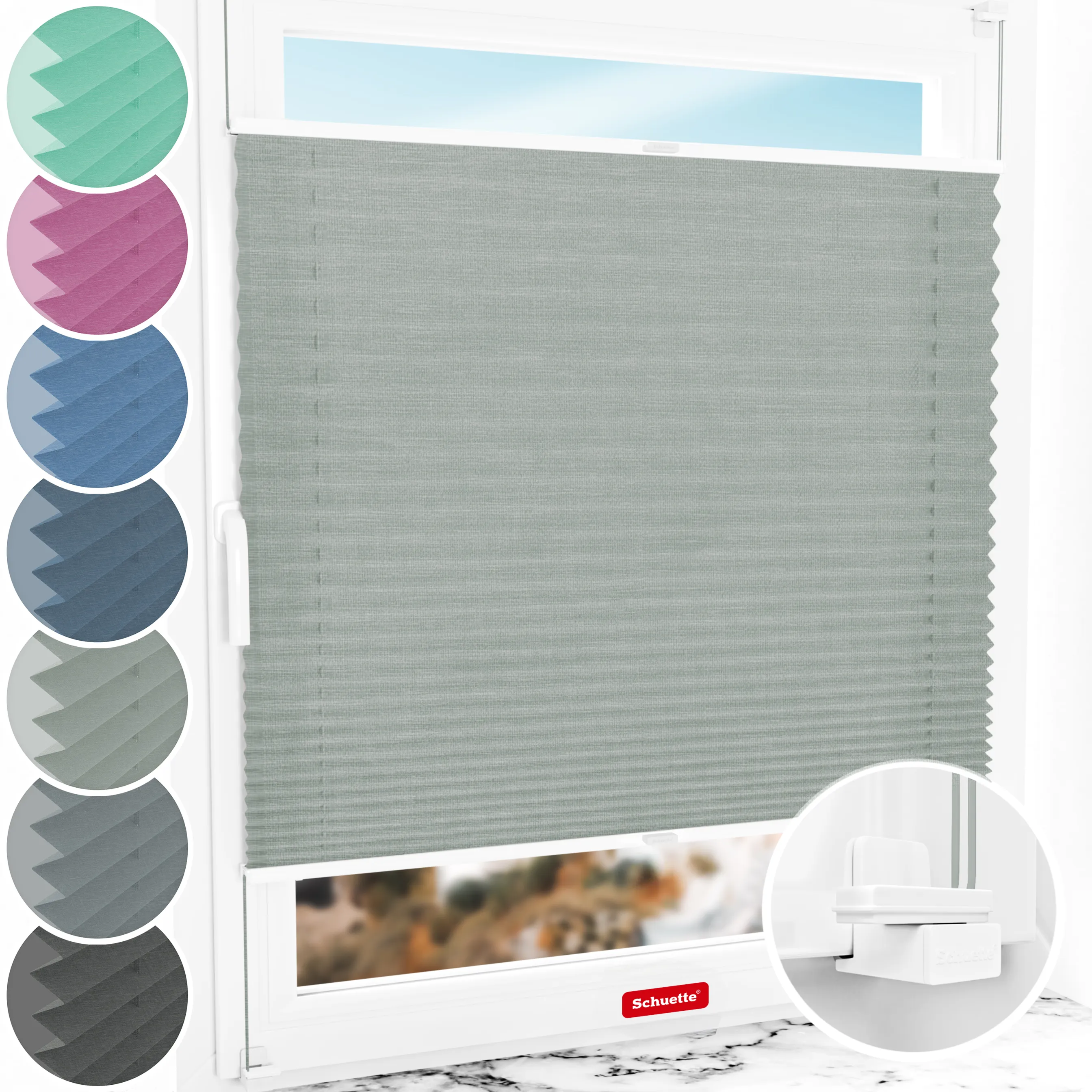 Schuette® Plissee ohne Bohren nach Maß • Suprafix Klemmhalter "X" • Melange Kollektion: On The Road (Grau) • Profilfarbe: Weiß