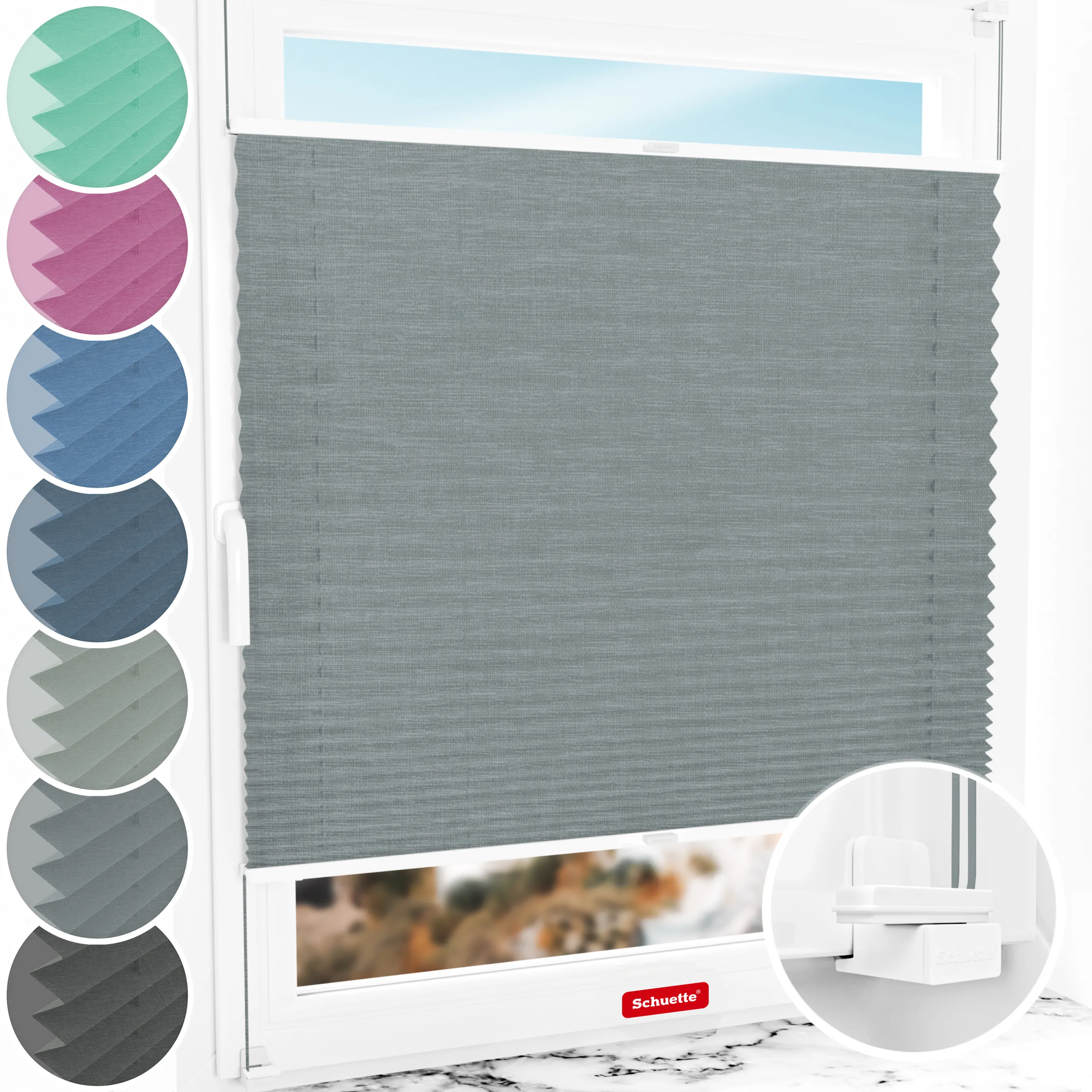 Schuette® Plissee ohne Bohren nach Maß • Suprafix Klemmhalter "X" • Melange Kollektion: Rocky Mountain (Grau) • Profilfarbe: Weiß