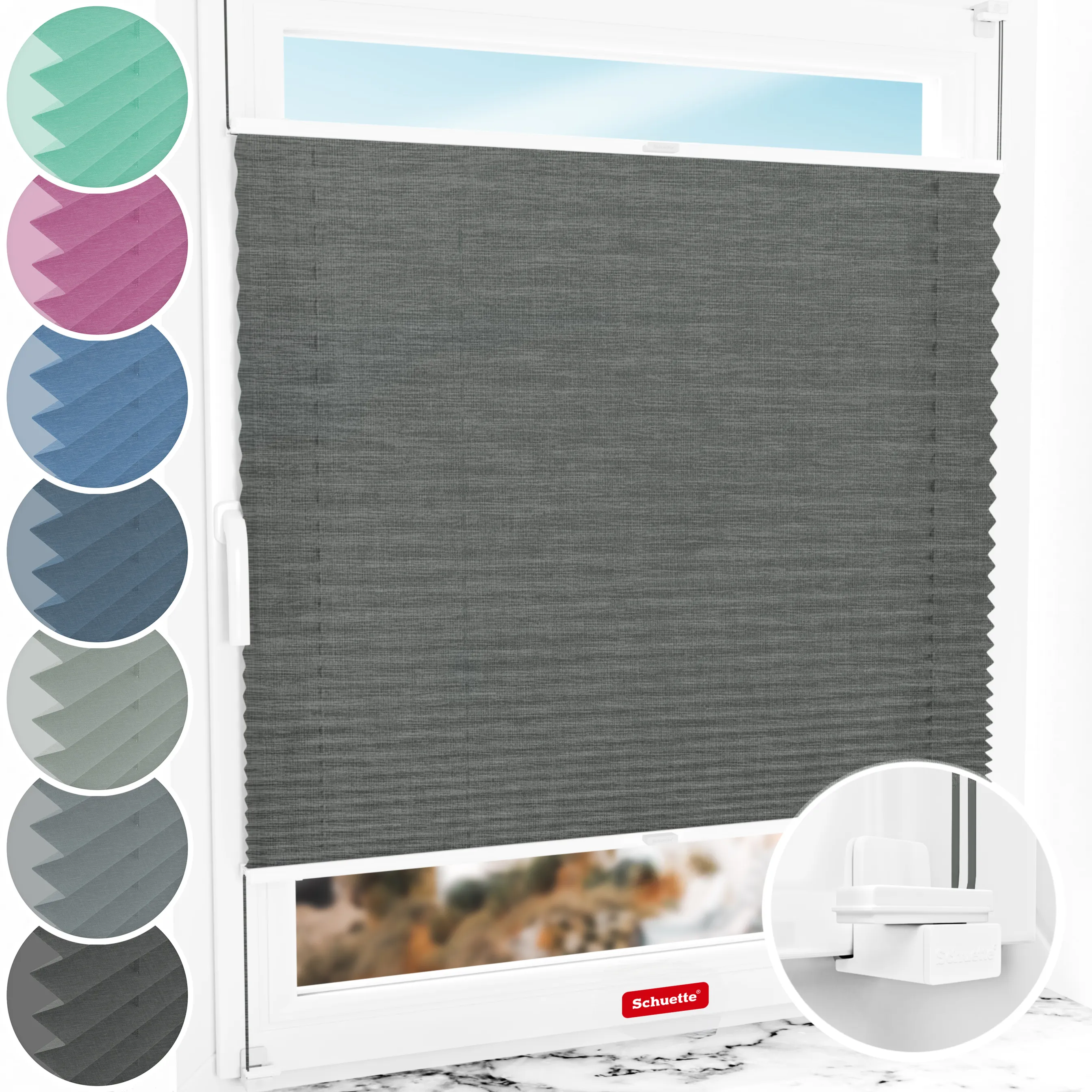 Schuette® Plissee ohne Bohren nach Maß • Suprafix Klemmhalter "X" • Melange Kollektion: Black Pearl (Schwarz) • Profilfarbe: Weiß