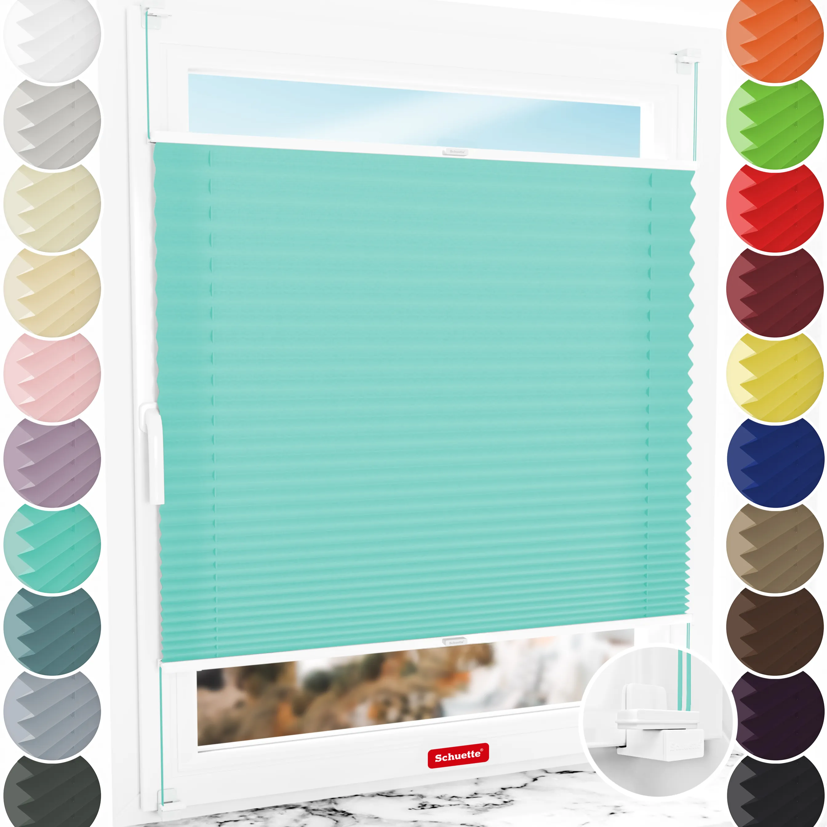 Schuette® Plissee ohne Bohren nach Maß • Suprafix Klemmhalter "X" • Premium Kollektion: Blue Ocean (Türkis) • Profilfarbe: Weiß