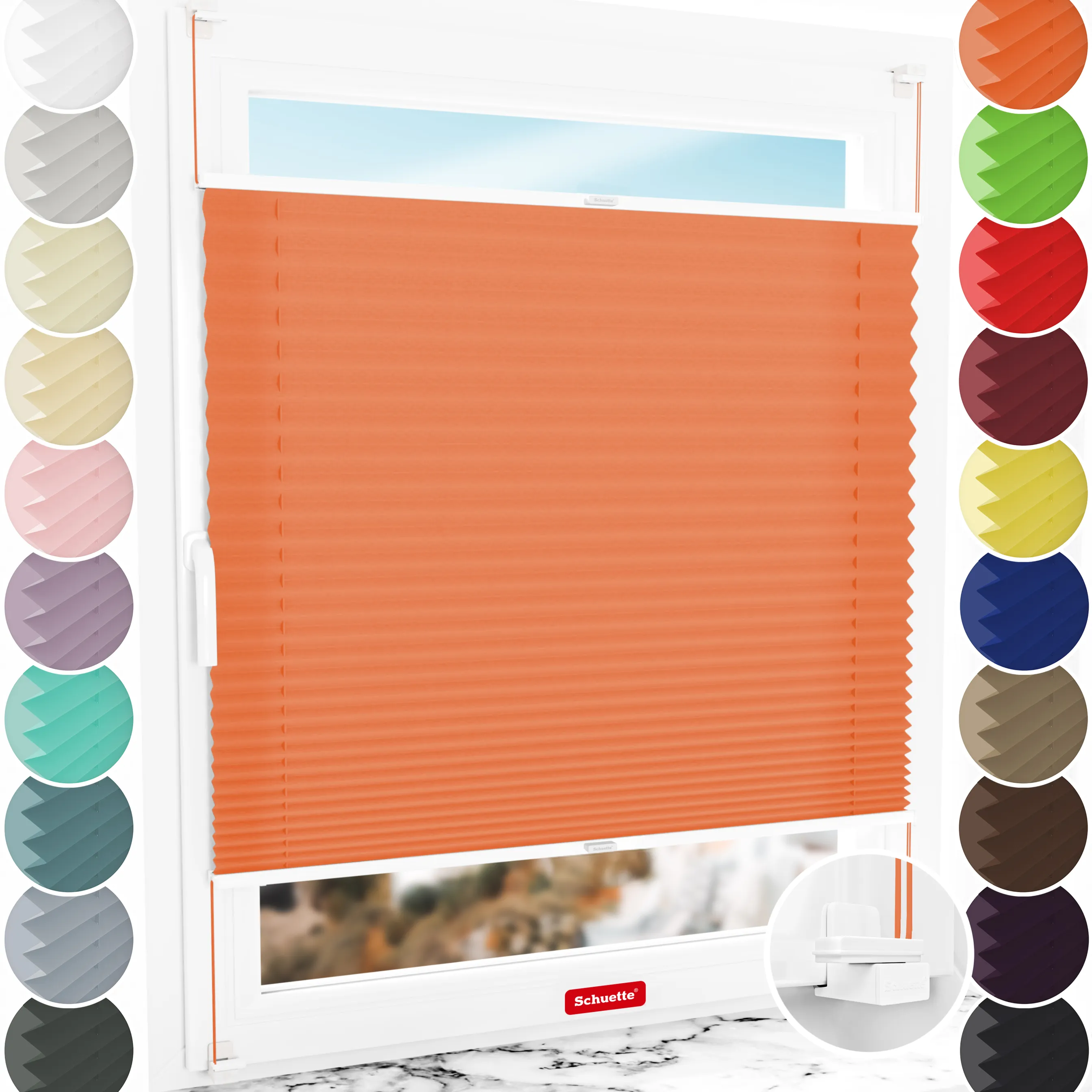 Schuette® Plissee ohne Bohren nach Maß • Suprafix Klemmhalter "X" • Premium Kollektion: Sunset (Orange) • Profilfarbe: Weiß