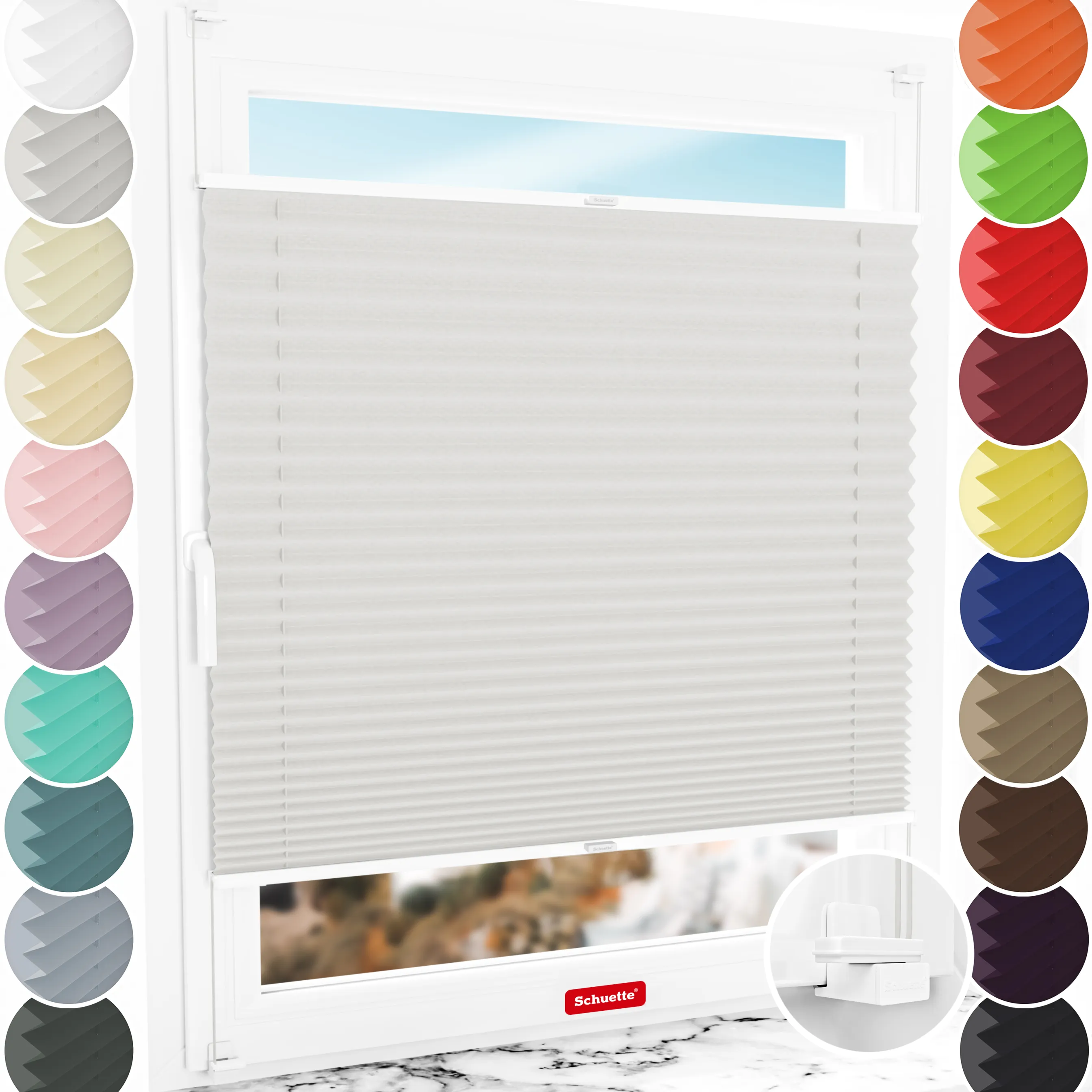Schuette® Plissee ohne Bohren nach Maß • Suprafix Klemmhalter "X" • Thermo Kollektion: Spring Cloud (Grau) • Profilfarbe: Weiß
