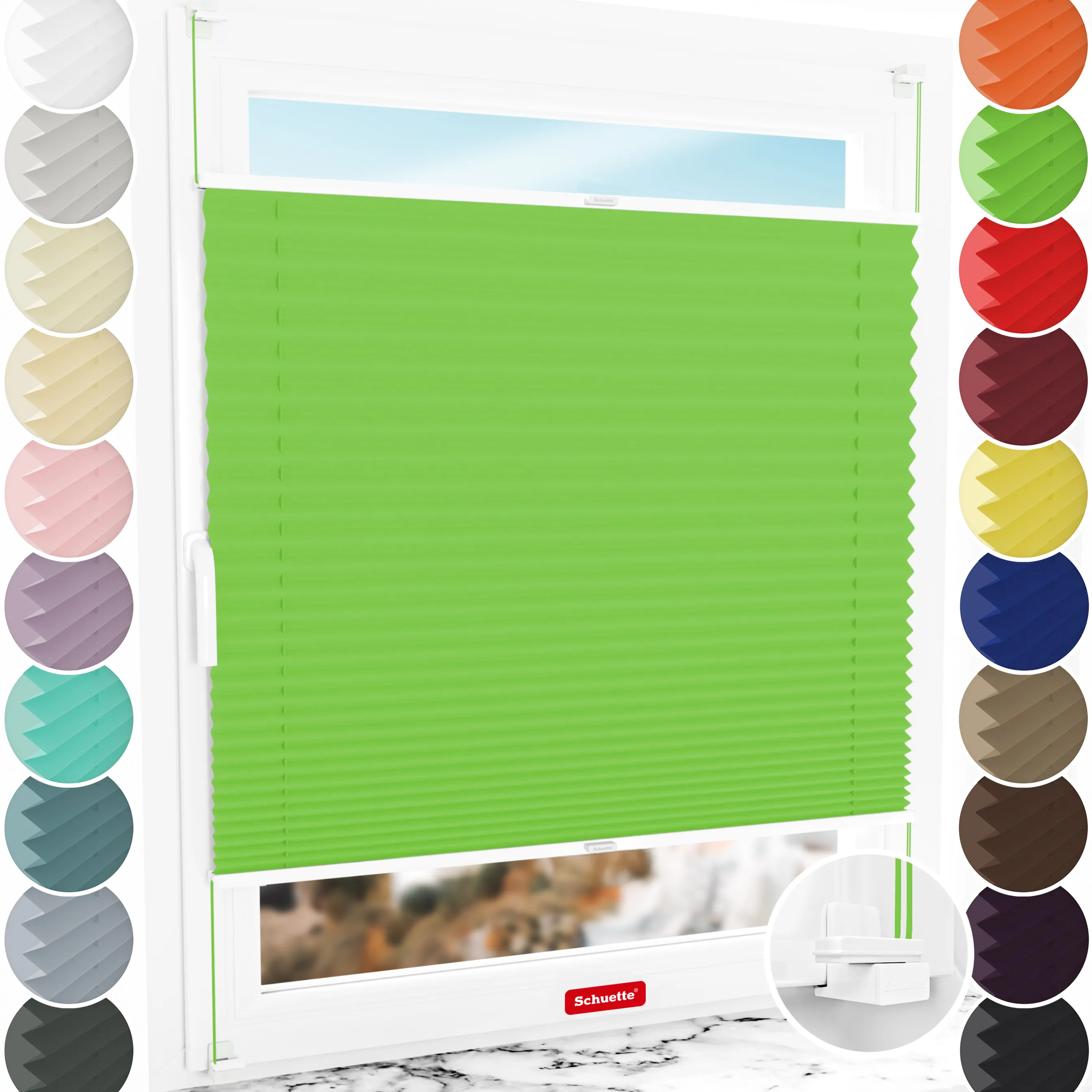 Schuette® Plissee ohne Bohren nach Maß • Suprafix Klemmhalter "X" • Thermo Kollektion: Leaf Joy (Grün) • Profilfarbe: Weiß