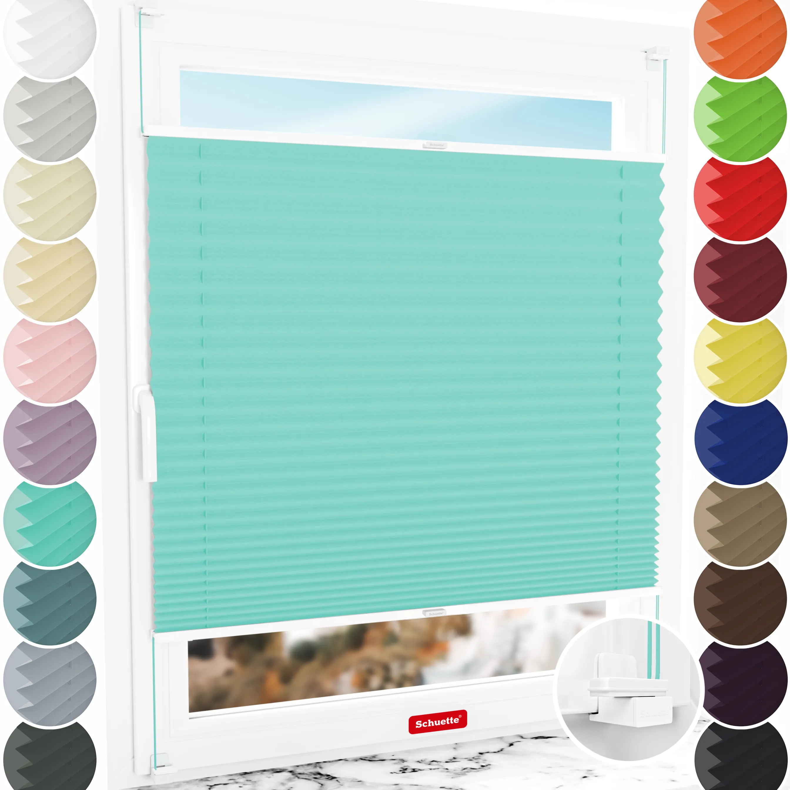 Schuette® Plissee ohne Bohren nach Maß • Suprafix Klemmhalter "X" • Thermo Kollektion: Tide Tune (Türkis) • Profilfarbe: Weiß