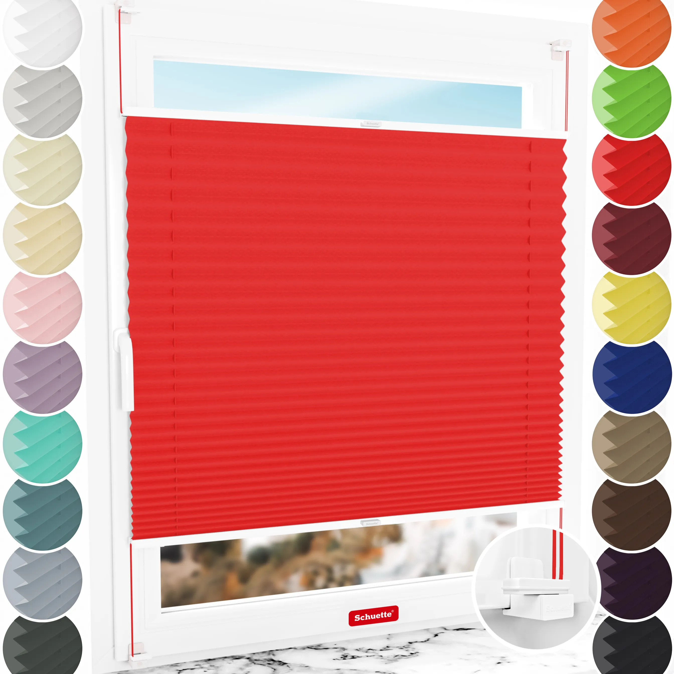 Schuette® Plissee ohne Bohren nach Maß • Suprafix Klemmhalter "X" • Thermo Kollektion: Cherry Charm (Rot) • Profilfarbe: Weiß