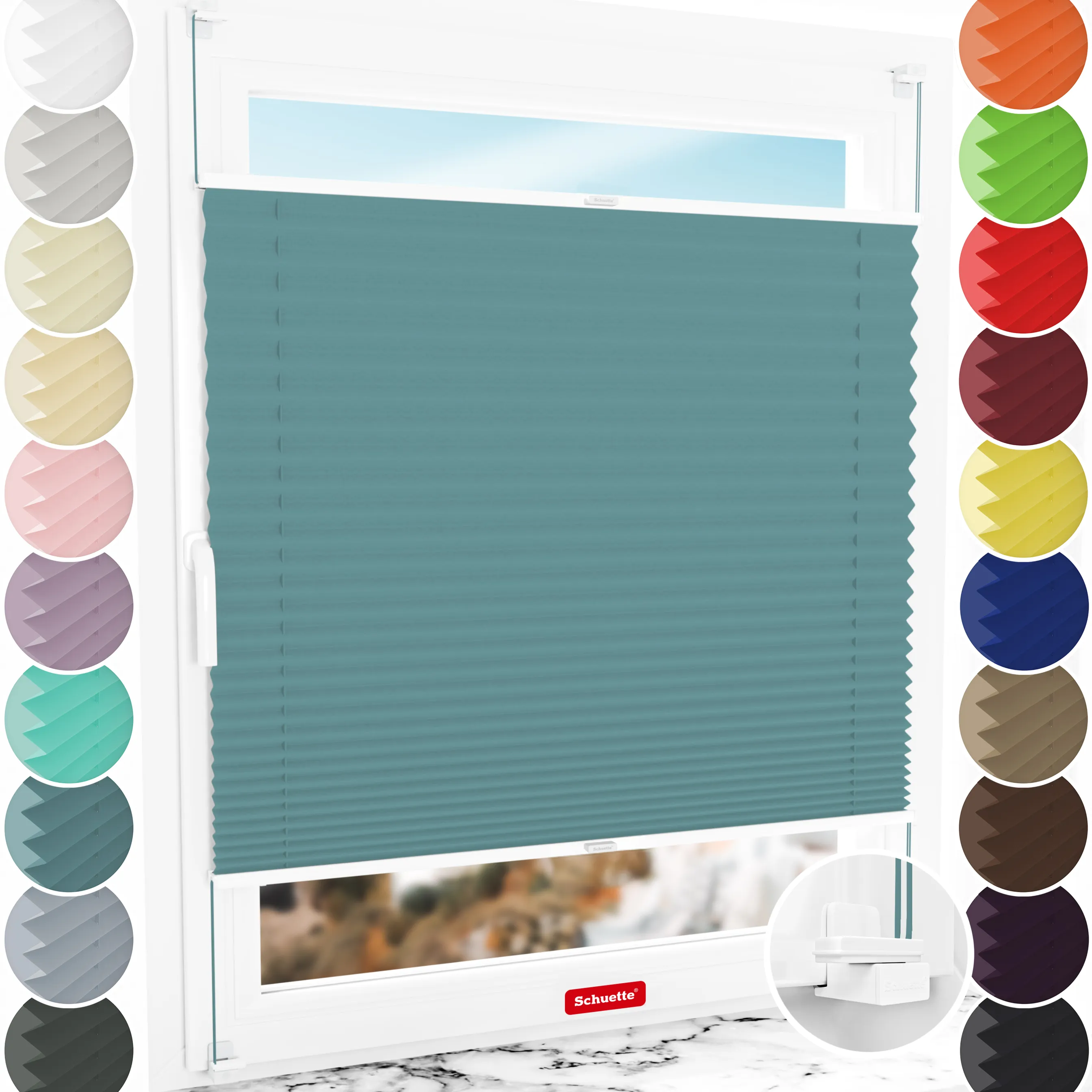 Schuette® Plissee ohne Bohren nach Maß • Suprafix Klemmhalter "X" • Thermo Kollektion: Teal Aura (Türkis) • Profilfarbe: Weiß