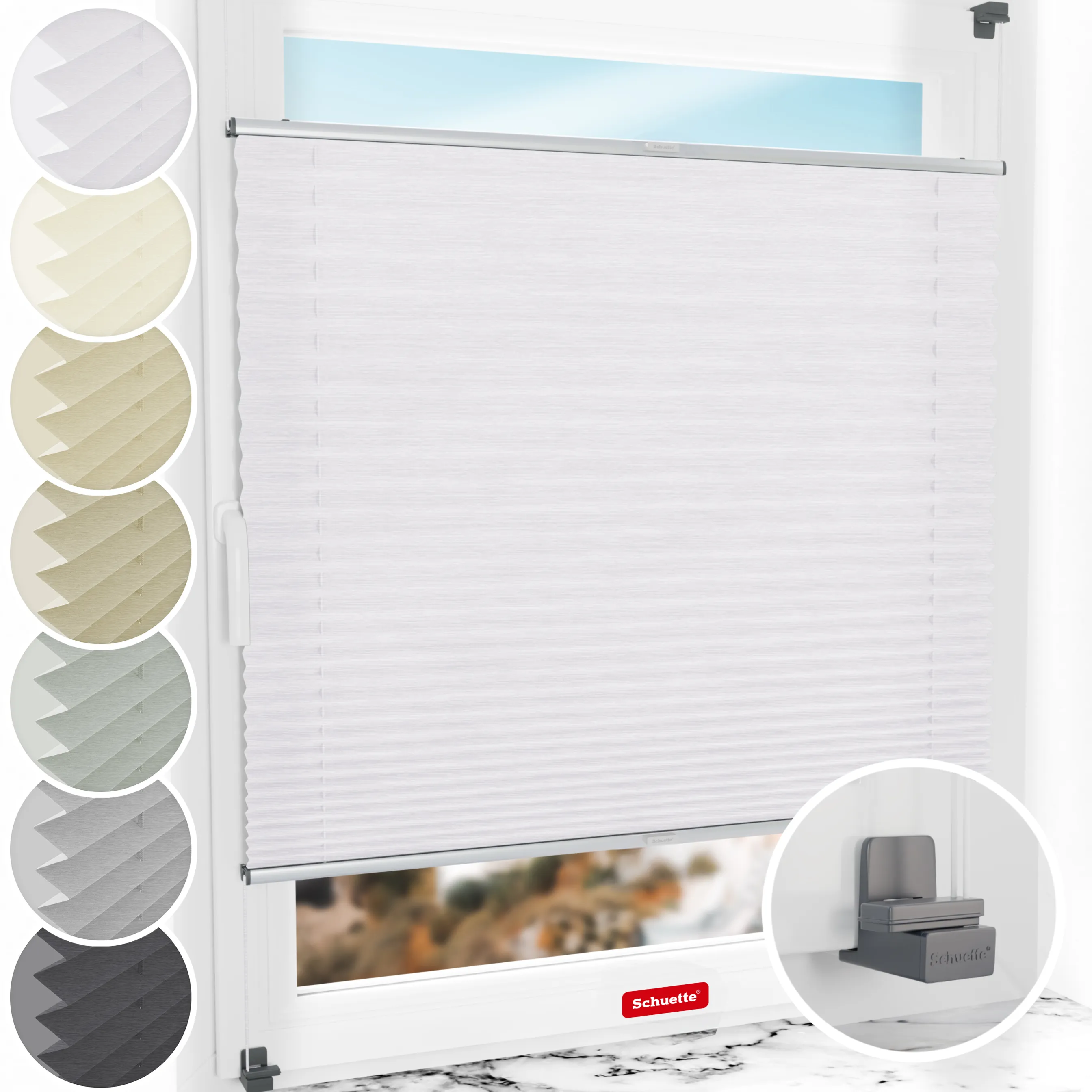 Schuette® Plissee ohne Bohren nach Maß • Suprafix Klemmhalter "X" • Dolomite Kollektion: Cold Morning (Grau) • Profilfarbe: Silber