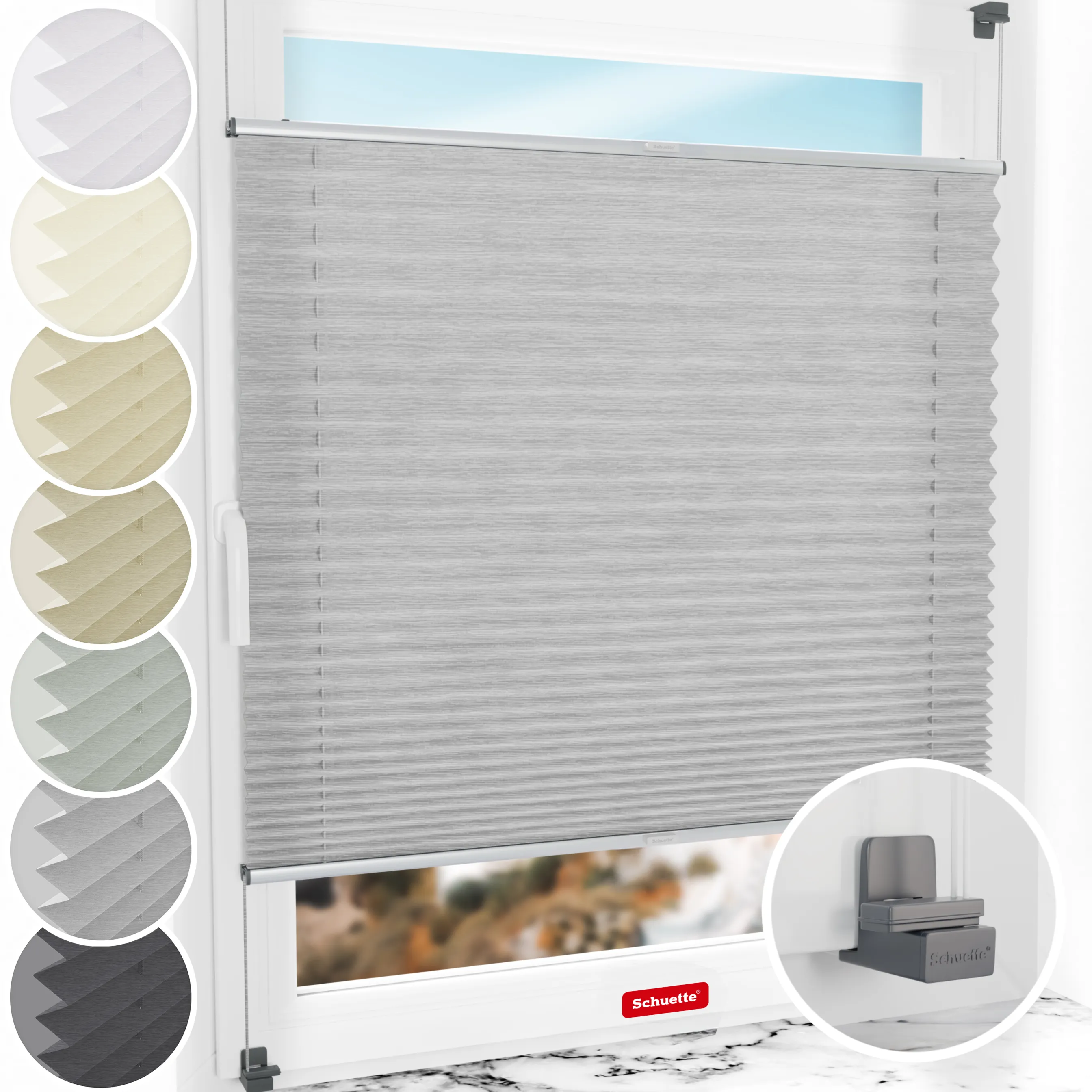 Schuette® Plissee ohne Bohren nach Maß • Suprafix Klemmhalter "X" • Dolomite Kollektion: Storm Gray (Grau) • Profilfarbe: Silber