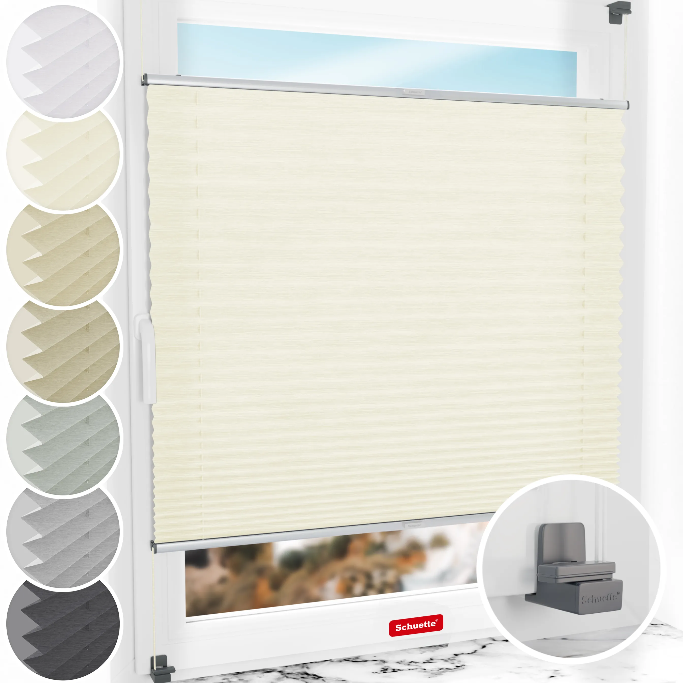 Schuette® Plissee ohne Bohren nach Maß • Suprafix Klemmhalter "X" • Dolomite Kollektion: Vanilla Sky (Beige) • Profilfarbe: Silber