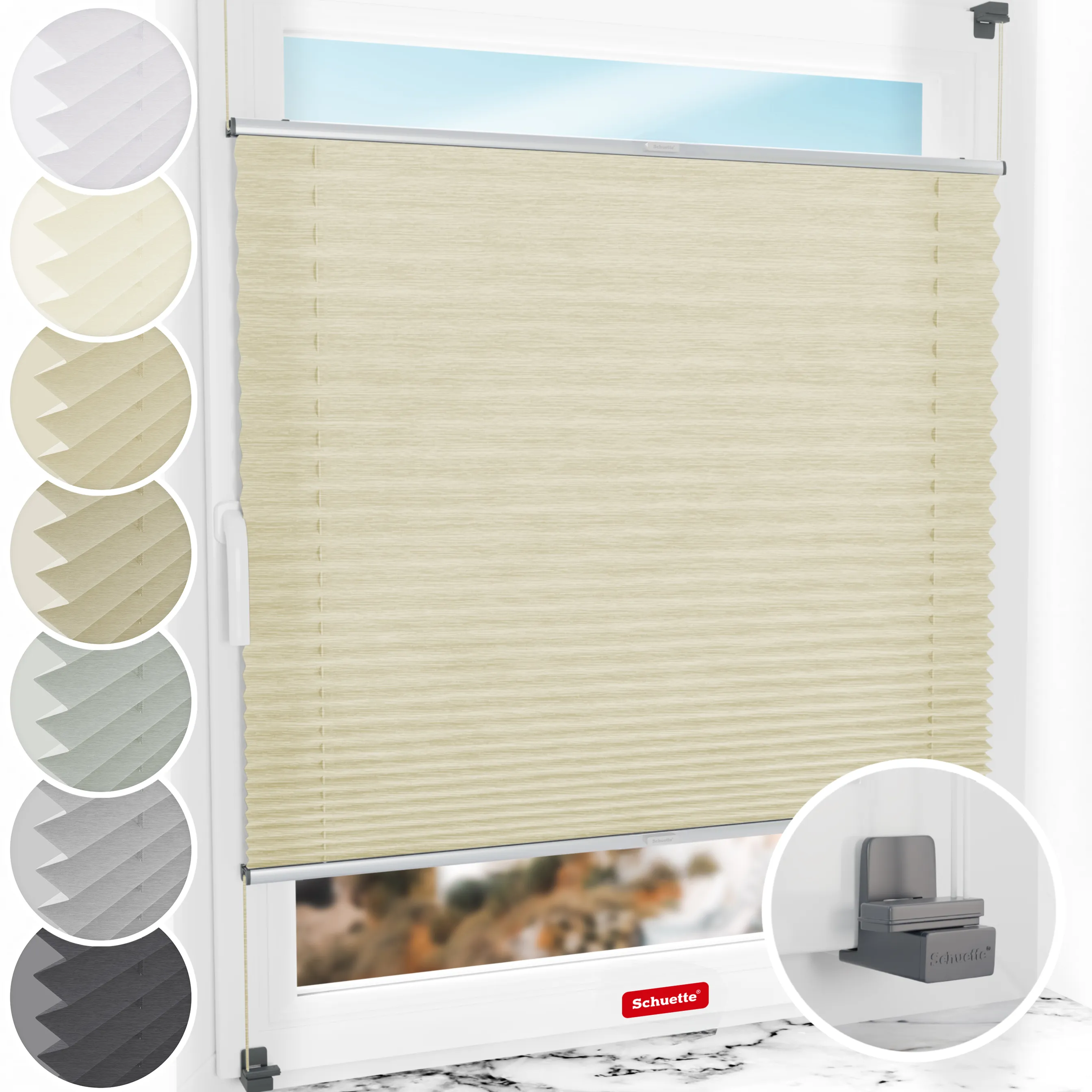 Schuette® Plissee ohne Bohren nach Maß • Suprafix Klemmhalter "X" • Dolomite Kollektion: Wet Stand (Beige) • Profilfarbe: Silber