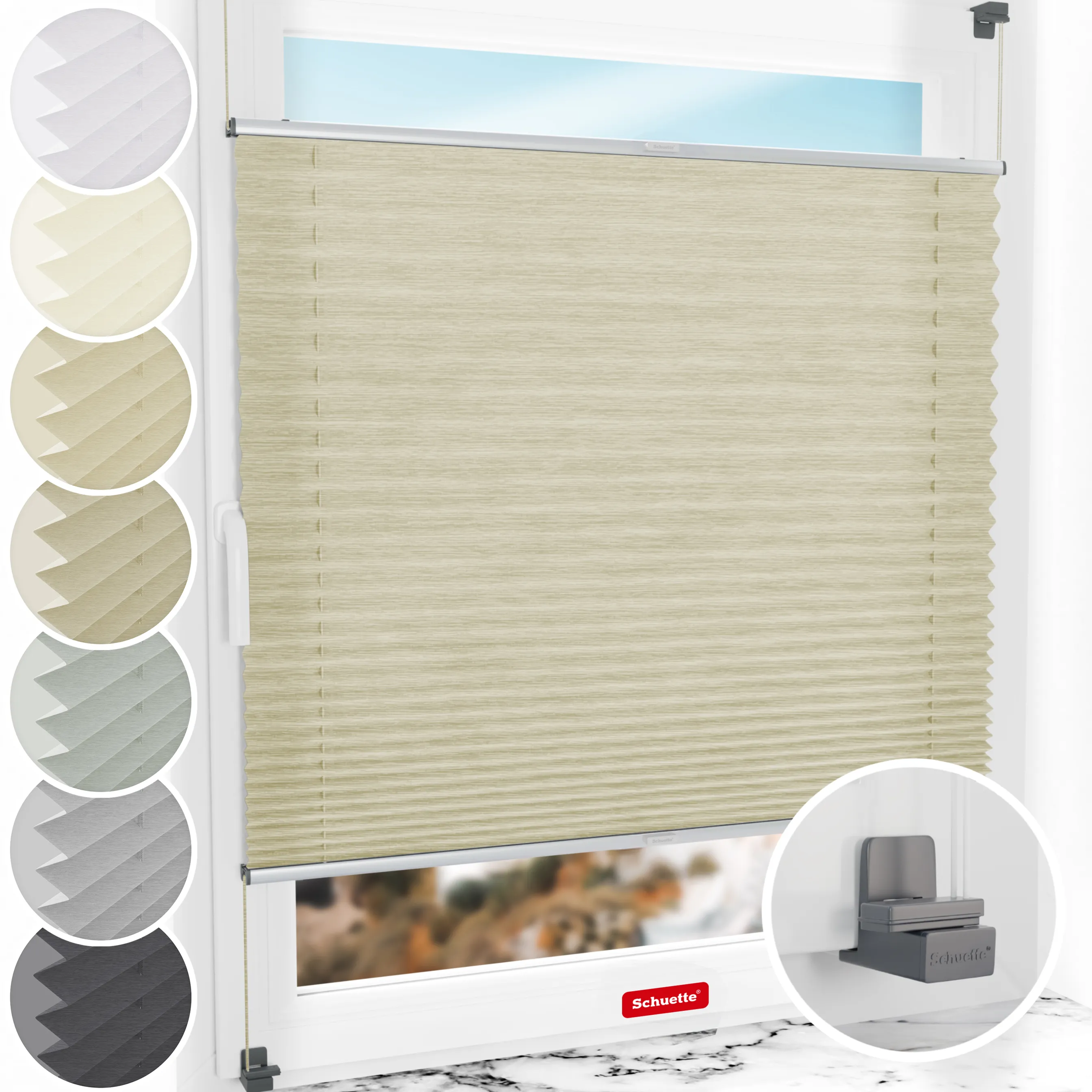 Schuette® Plissee ohne Bohren nach Maß • Suprafix Klemmhalter "X" • Dolomite Kollektion: Light Coffee (Beige) • Profilfarbe: Silber