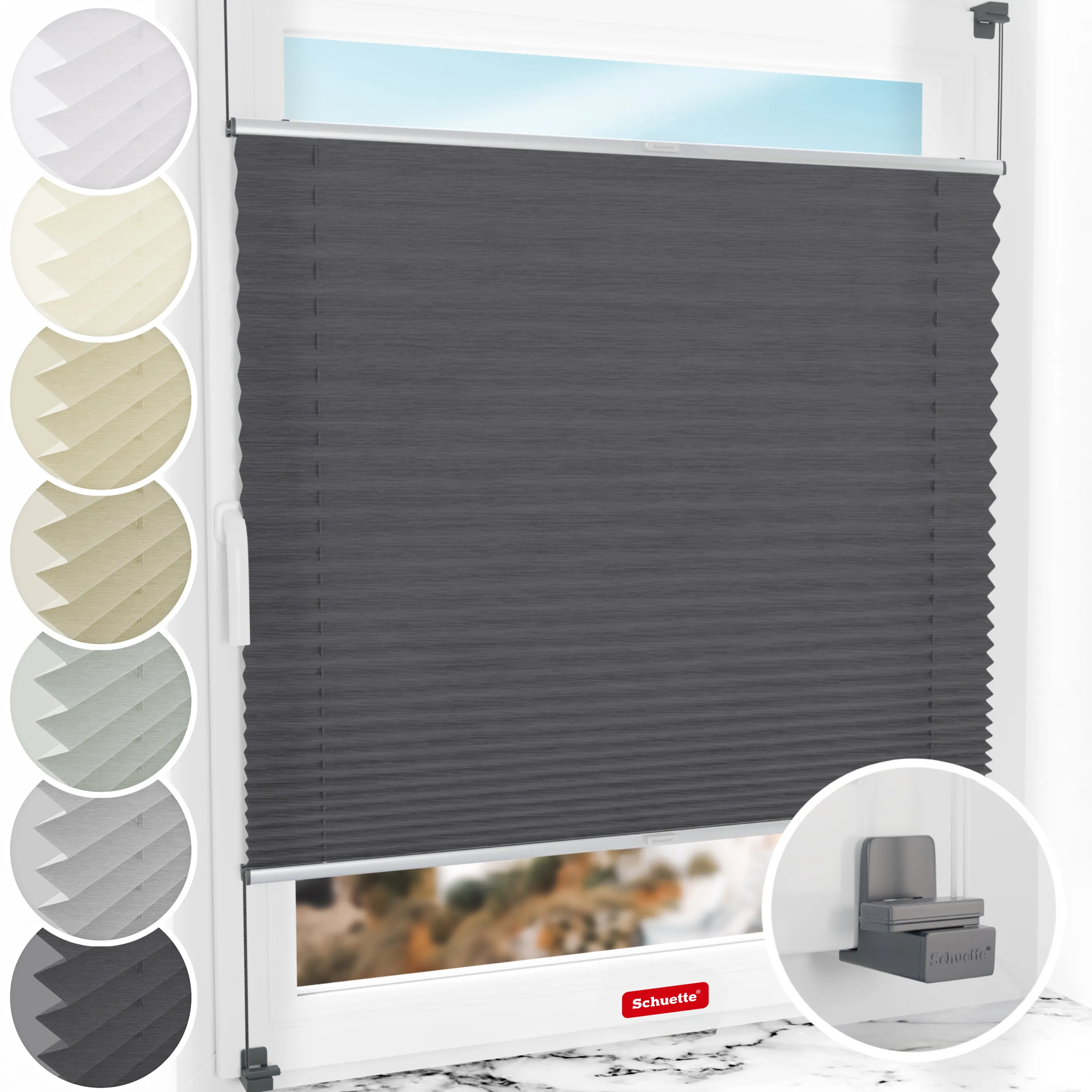 Schuette® Plissee ohne Bohren nach Maß • Suprafix Klemmhalter "X" • Dolomite Kollektion: Dark Vintage (Grau) • Profilfarbe: Silber