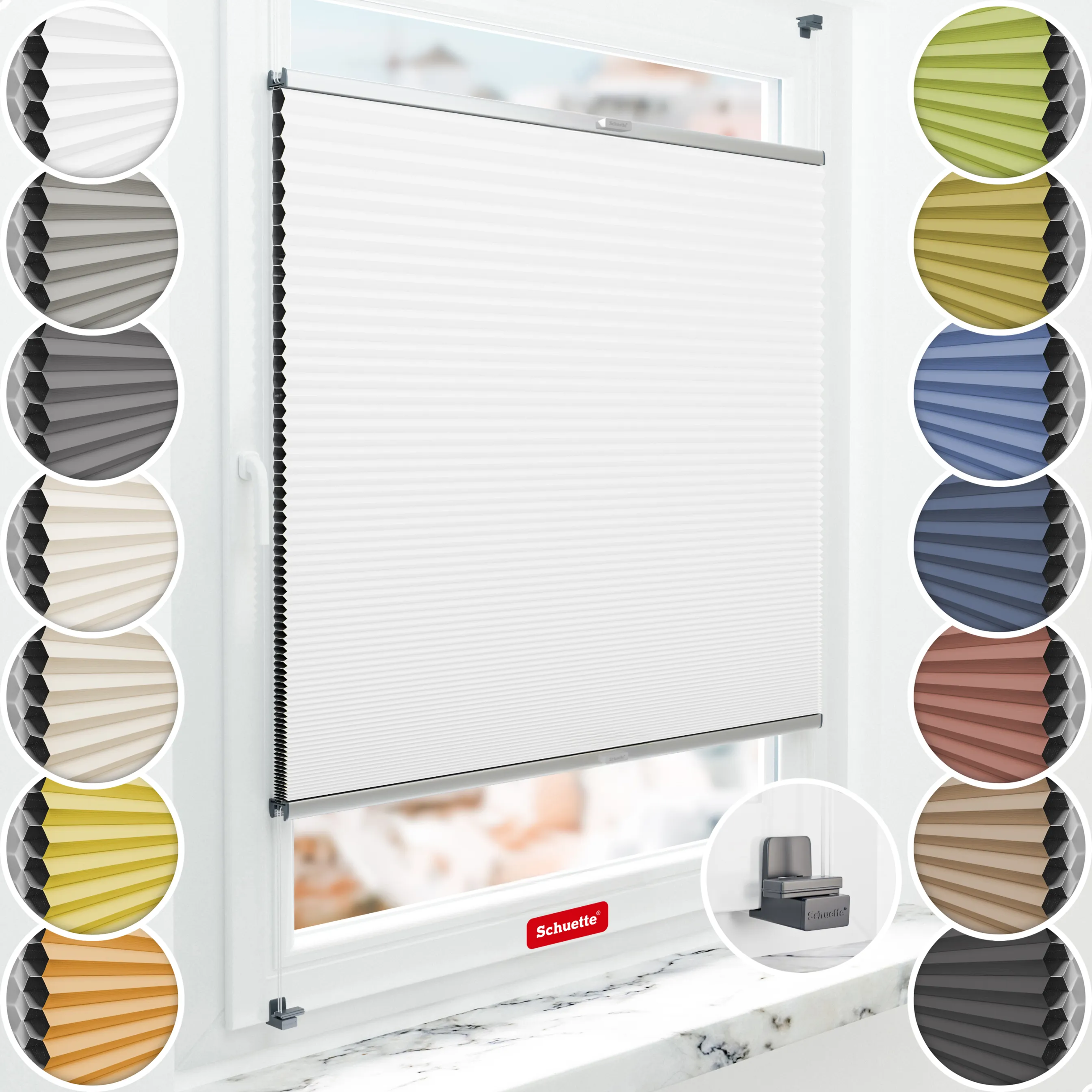 Schuette® Wabenplissee ohne Bohren nach Maß • Suprafix Klemmhalter "X" • Honey Kollektion: Moonlight (Weiß) • Profilfarbe: Silber