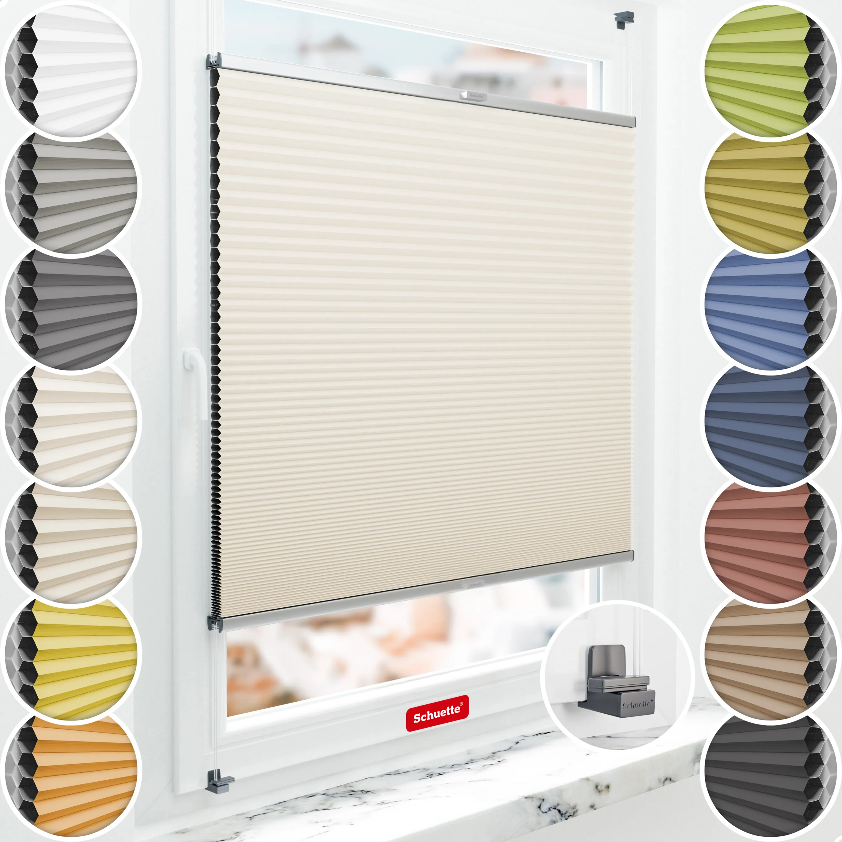 Schuette® Wabenplissee ohne Bohren nach Maß • Suprafix Klemmhalter "X" • Honey Kollektion: Calm Coast (Beige) • Profilfarbe: Silber