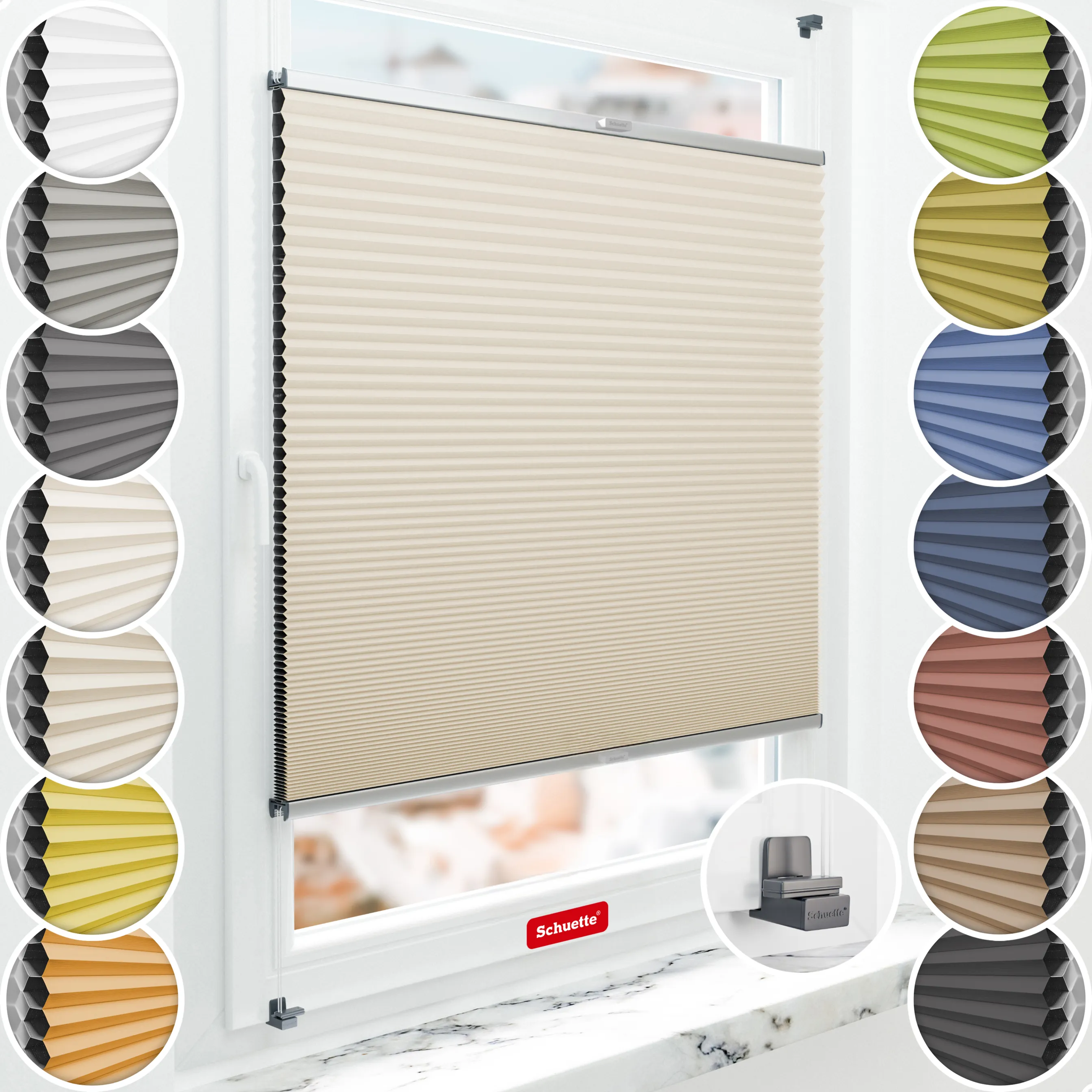 Schuette® Wabenplissee ohne Bohren nach Maß • Suprafix Klemmhalter "X" • Honey Kollektion: The Dune (Beige) • Profilfarbe: Silber