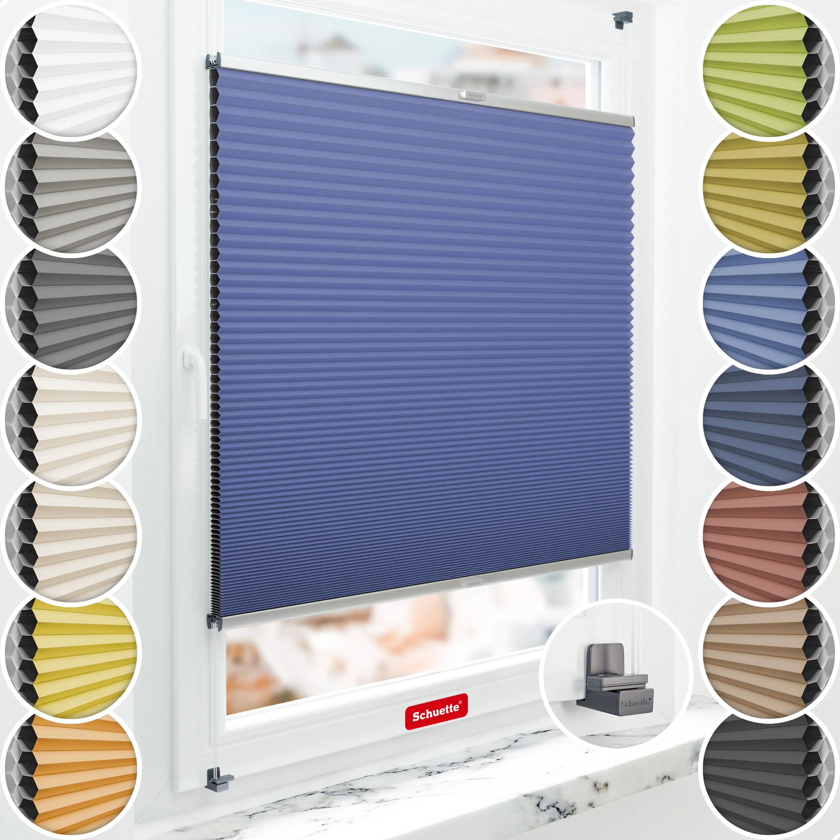 Schuette® Wabenplissee ohne Bohren nach Maß • Suprafix Klemmhalter "X" • Honey Kollektion: Skyline (Blau) • Profilfarbe: Silber