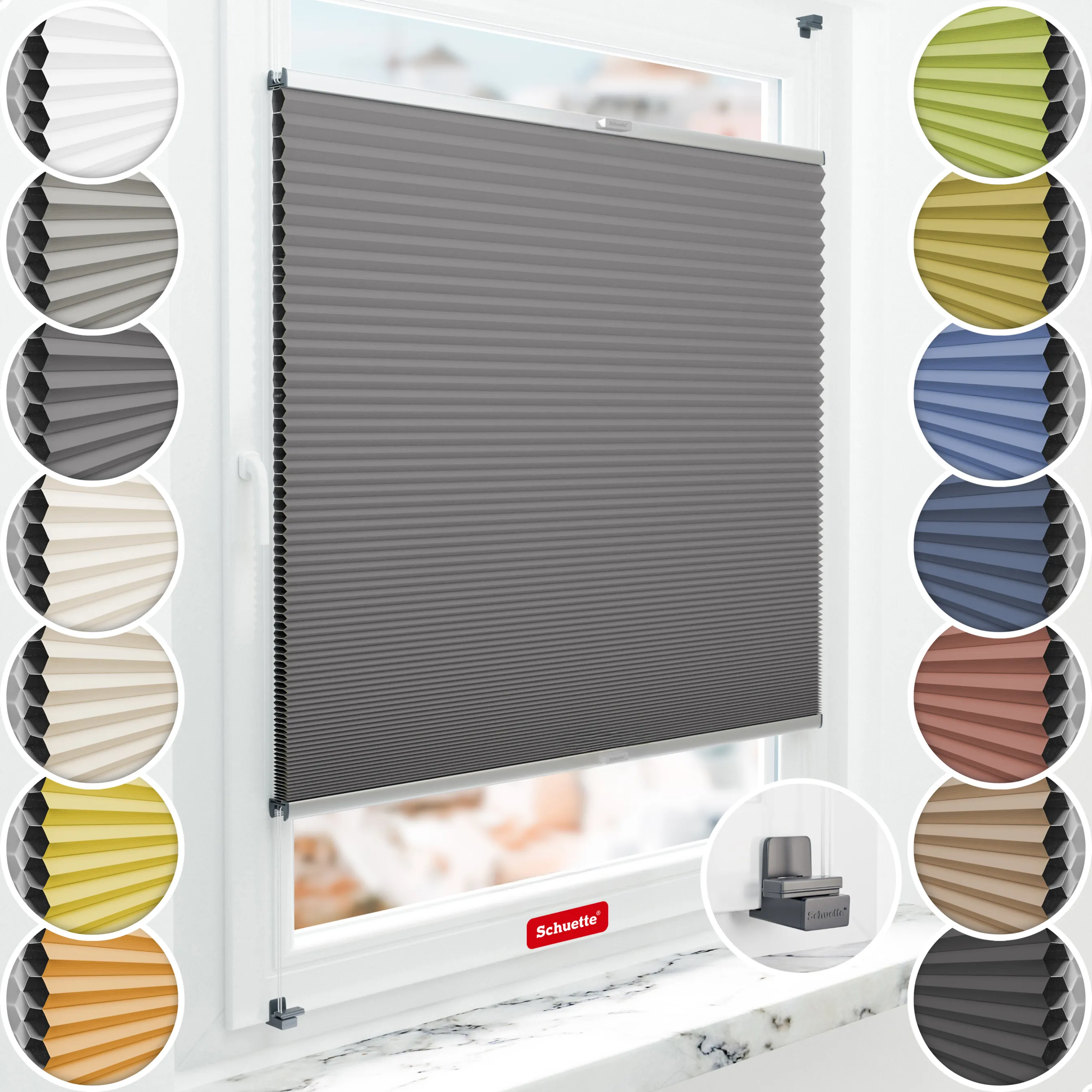 Schuette® Wabenplissee ohne Bohren nach Maß • Suprafix Klemmhalter "X" • Honey Kollektion: Twilight Tango (Grau) • Profilfarbe: Silber