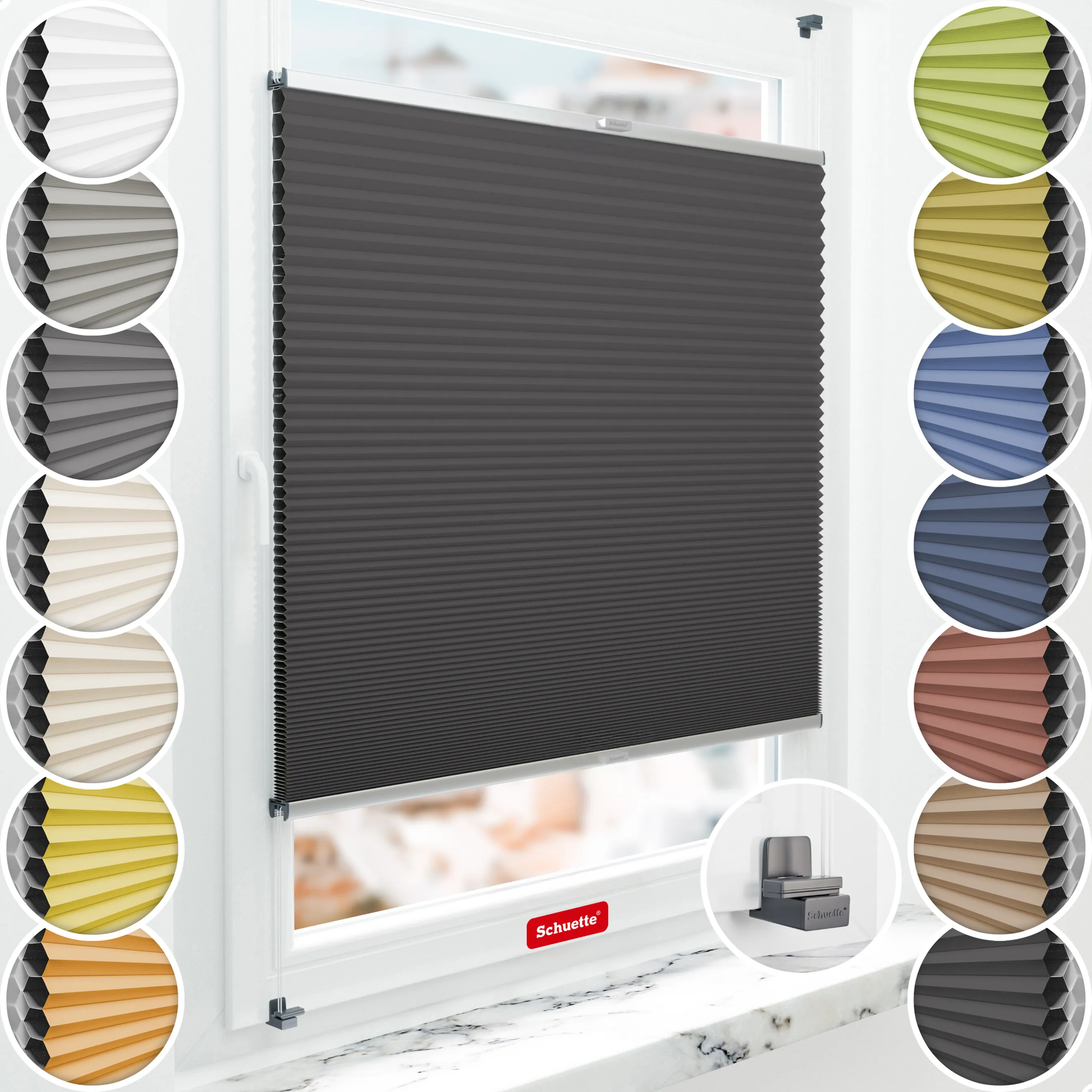 Schuette® Wabenplissee ohne Bohren nach Maß • Suprafix Klemmhalter "X" • Honey Kollektion: Starry Night (Schwarz) • Profilfarbe: Silber