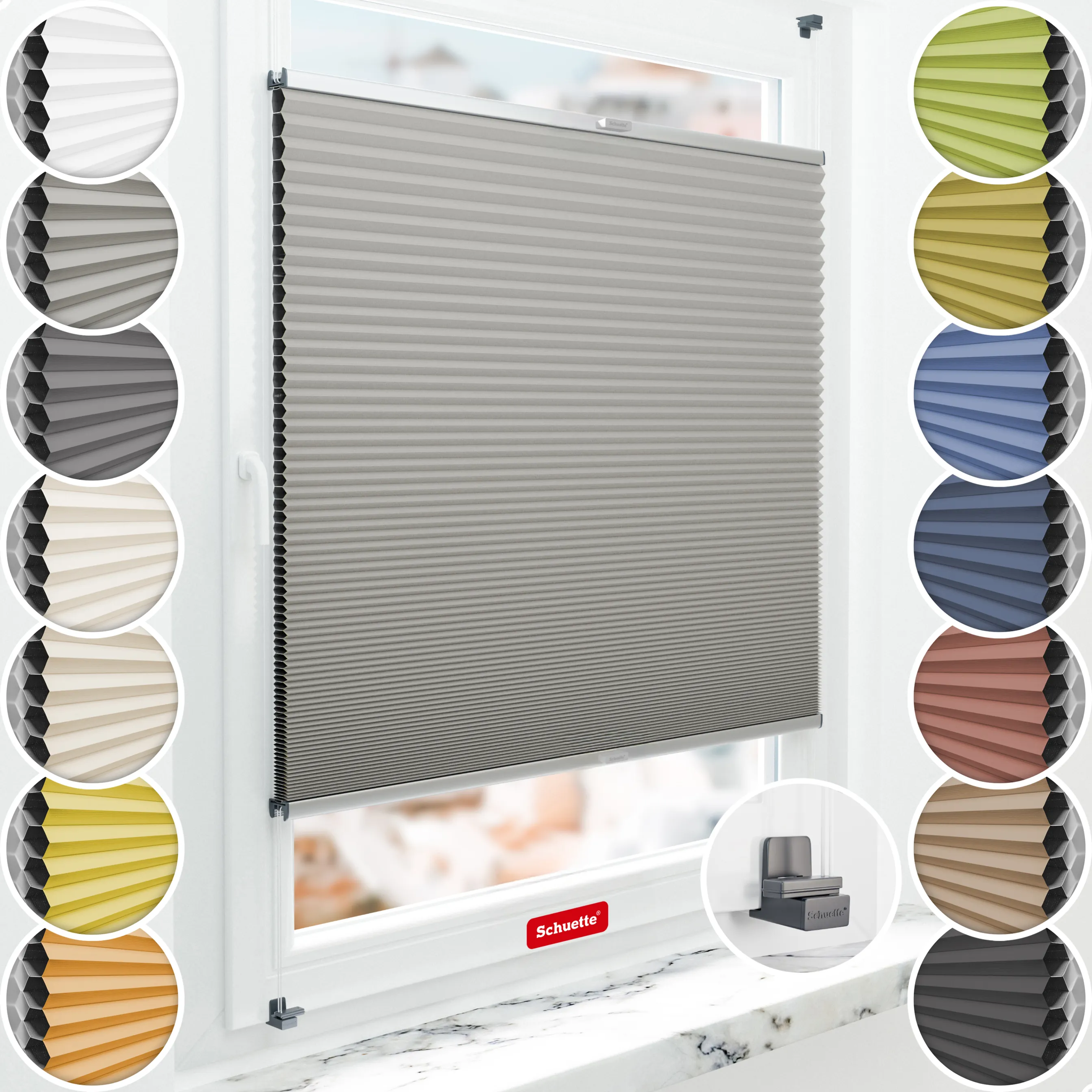 Schuette® Wabenplissee ohne Bohren nach Maß • Suprafix Klemmhalter "X" • Honey Kollektion: Silver Mist (Grau) • Profilfarbe: Silber