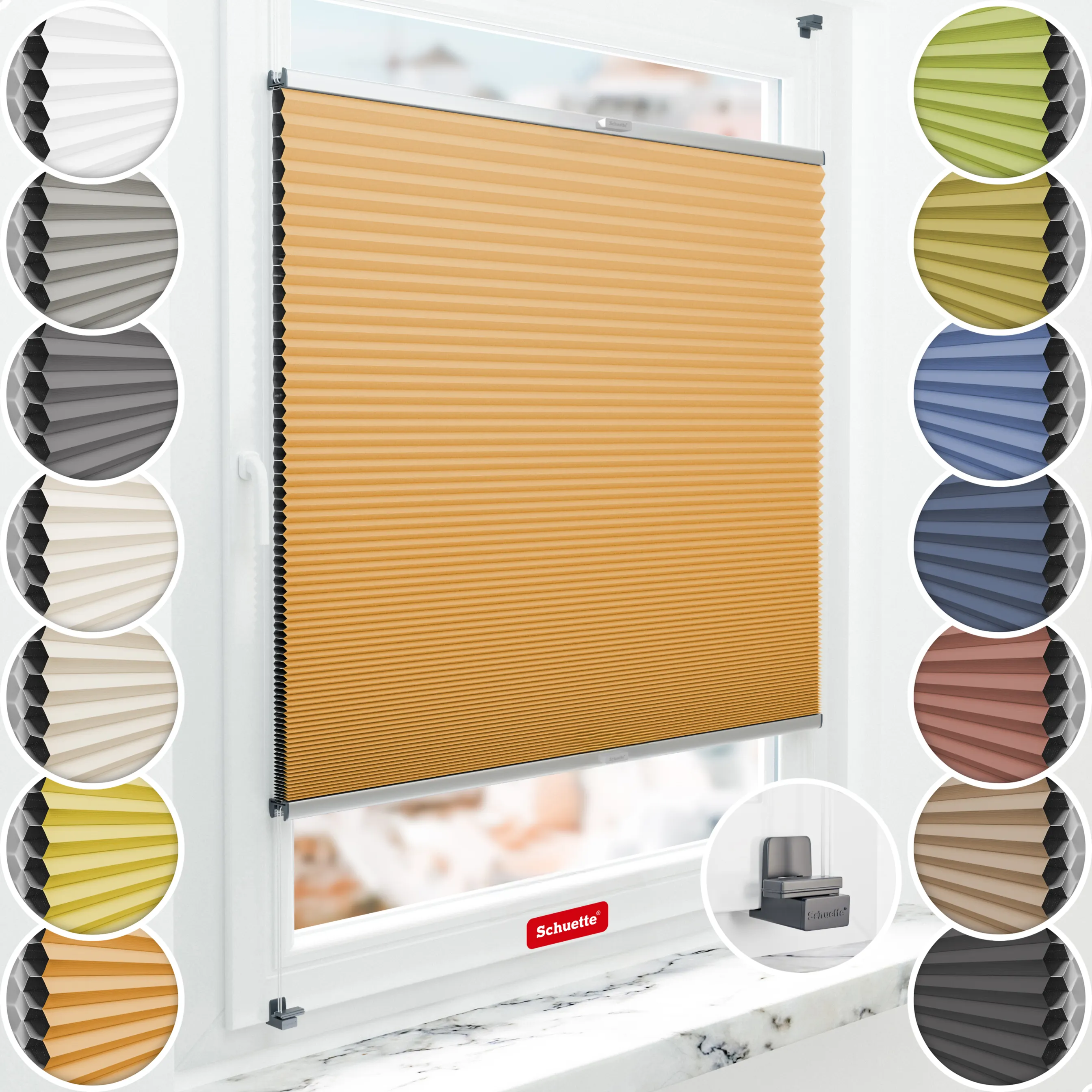 Schuette® Wabenplissee ohne Bohren nach Maß • Suprafix Klemmhalter "X" • Honey Kollektion: Citrus Glow (Orange) • Profilfarbe: Silber