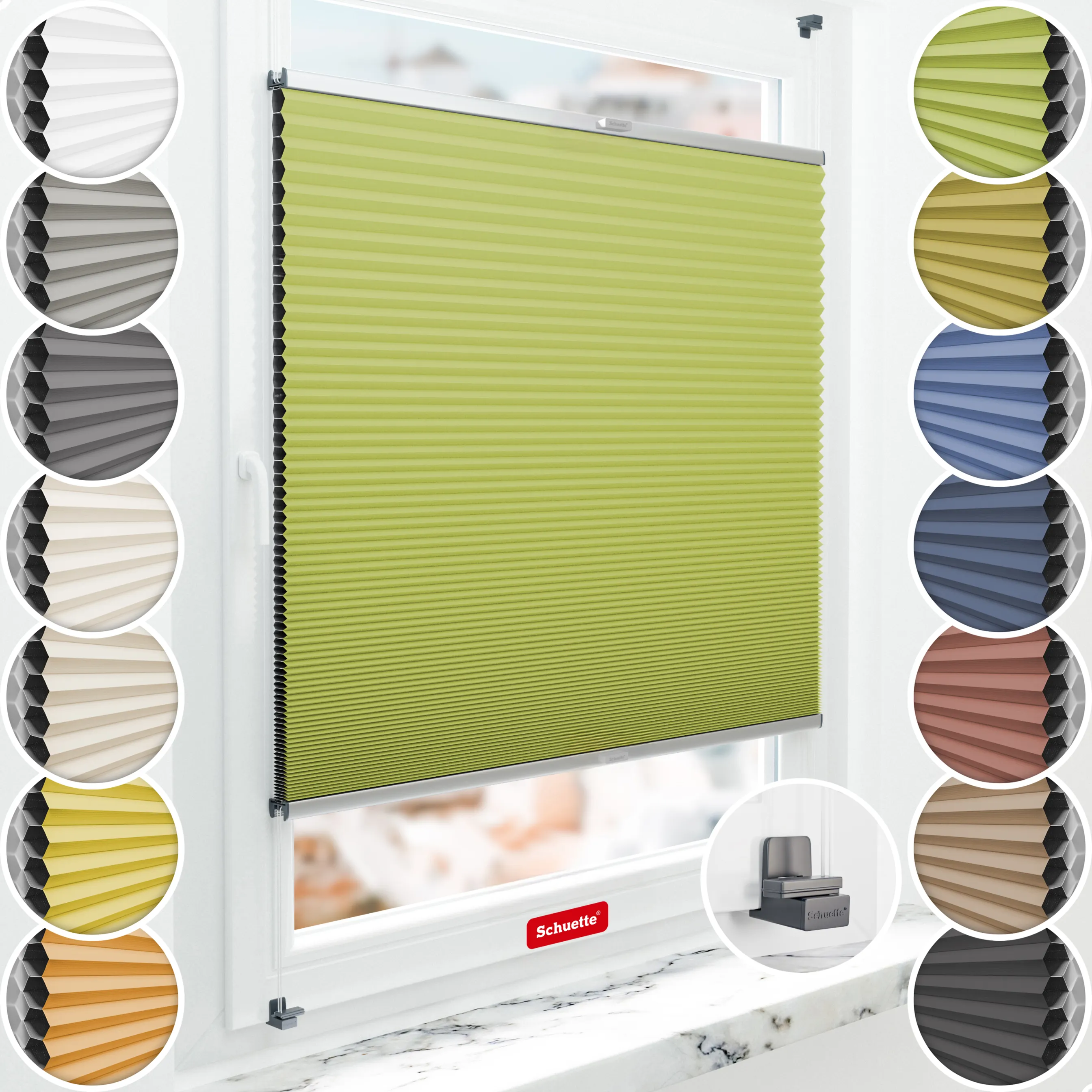 Schuette® Wabenplissee ohne Bohren nach Maß • Suprafix Klemmhalter "X" • Honey Kollektion: Green Tea (Grün) • Profilfarbe: Silber