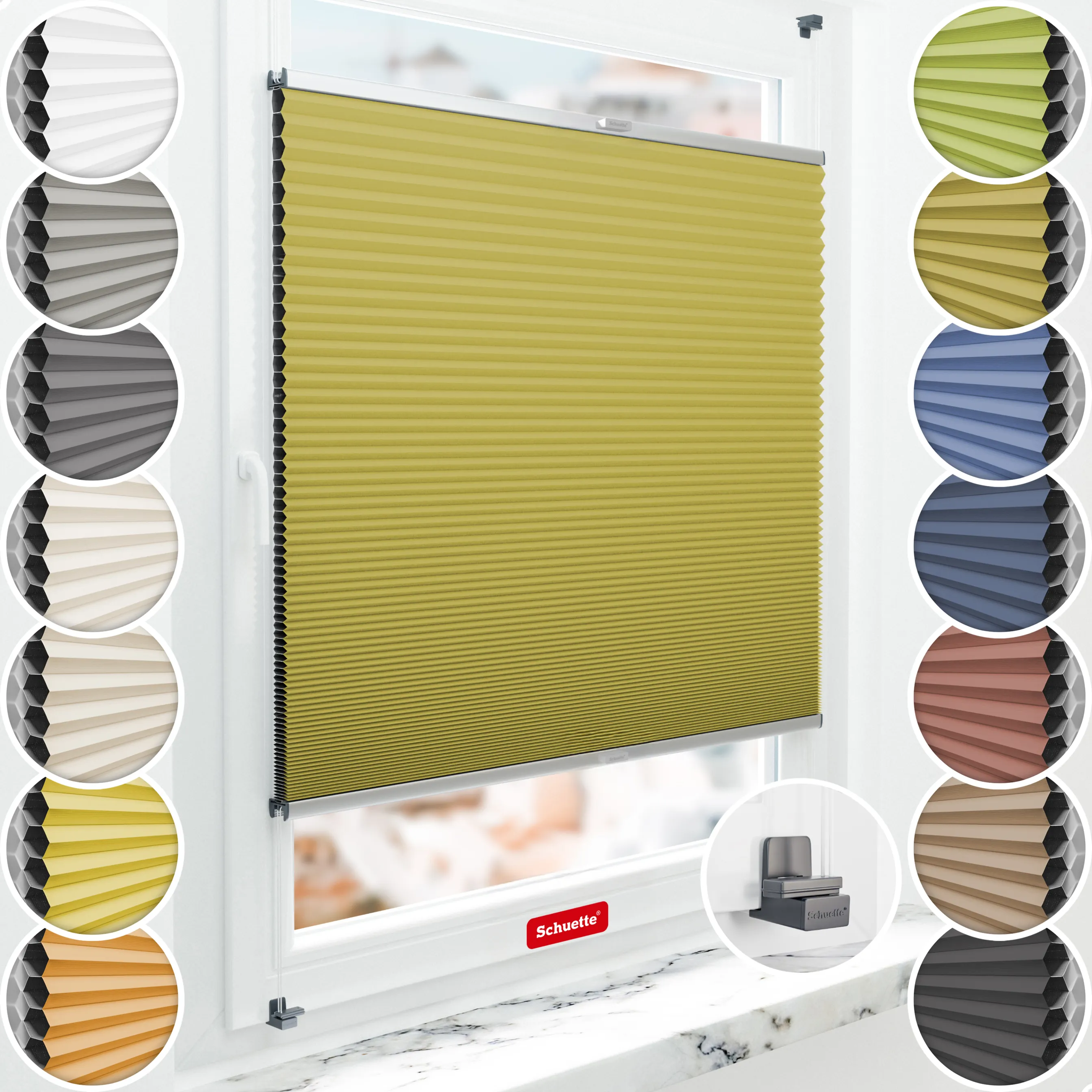 Schuette® Wabenplissee ohne Bohren nach Maß • Suprafix Klemmhalter "X" • Honey Kollektion: Olive Branch (Olivgrün) • Profilfarbe: Silber