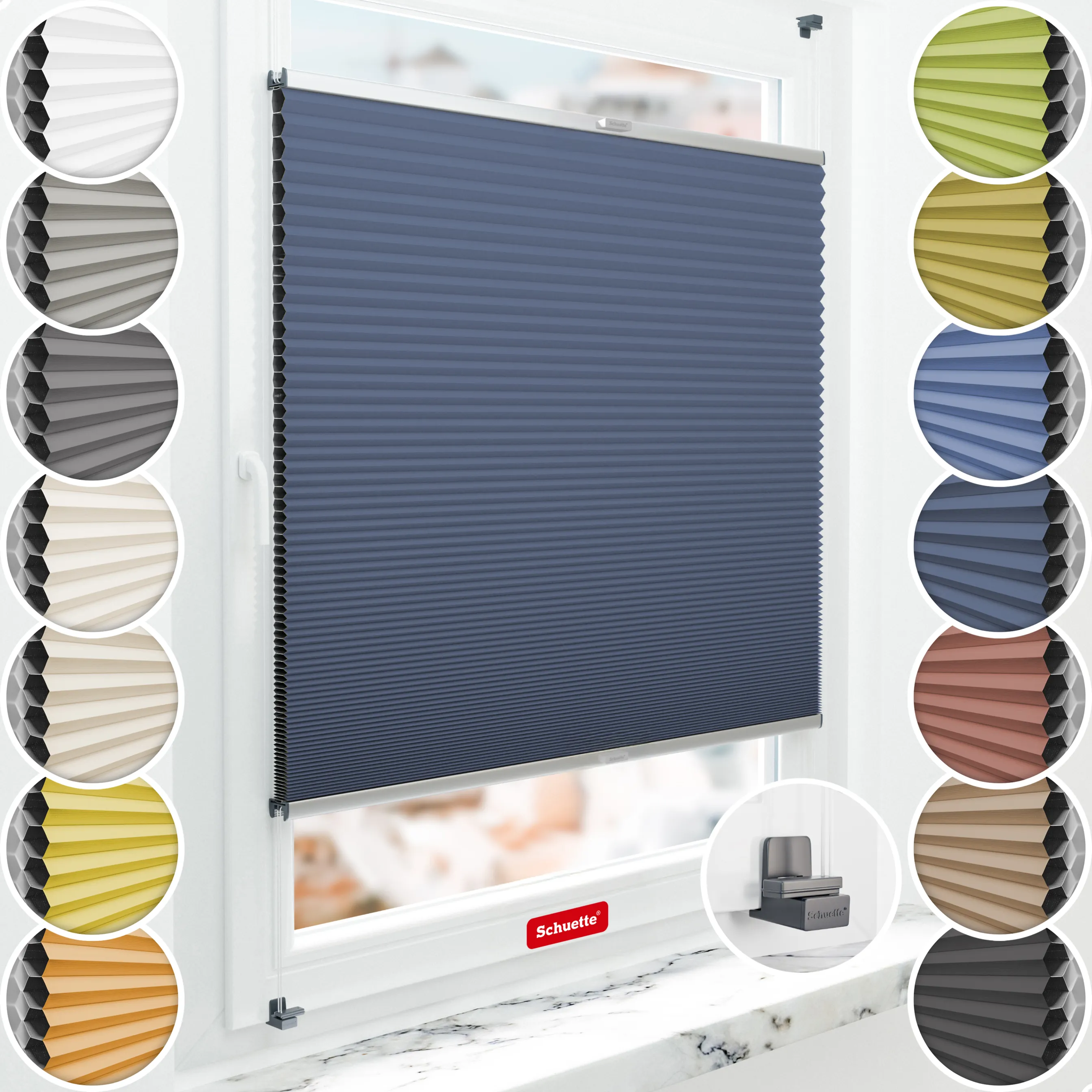 Schuette® Wabenplissee ohne Bohren nach Maß • Suprafix Klemmhalter "X" • Honey Kollektion: Arctic Ocean (Dunkelblau) • Profilfarbe: Silber