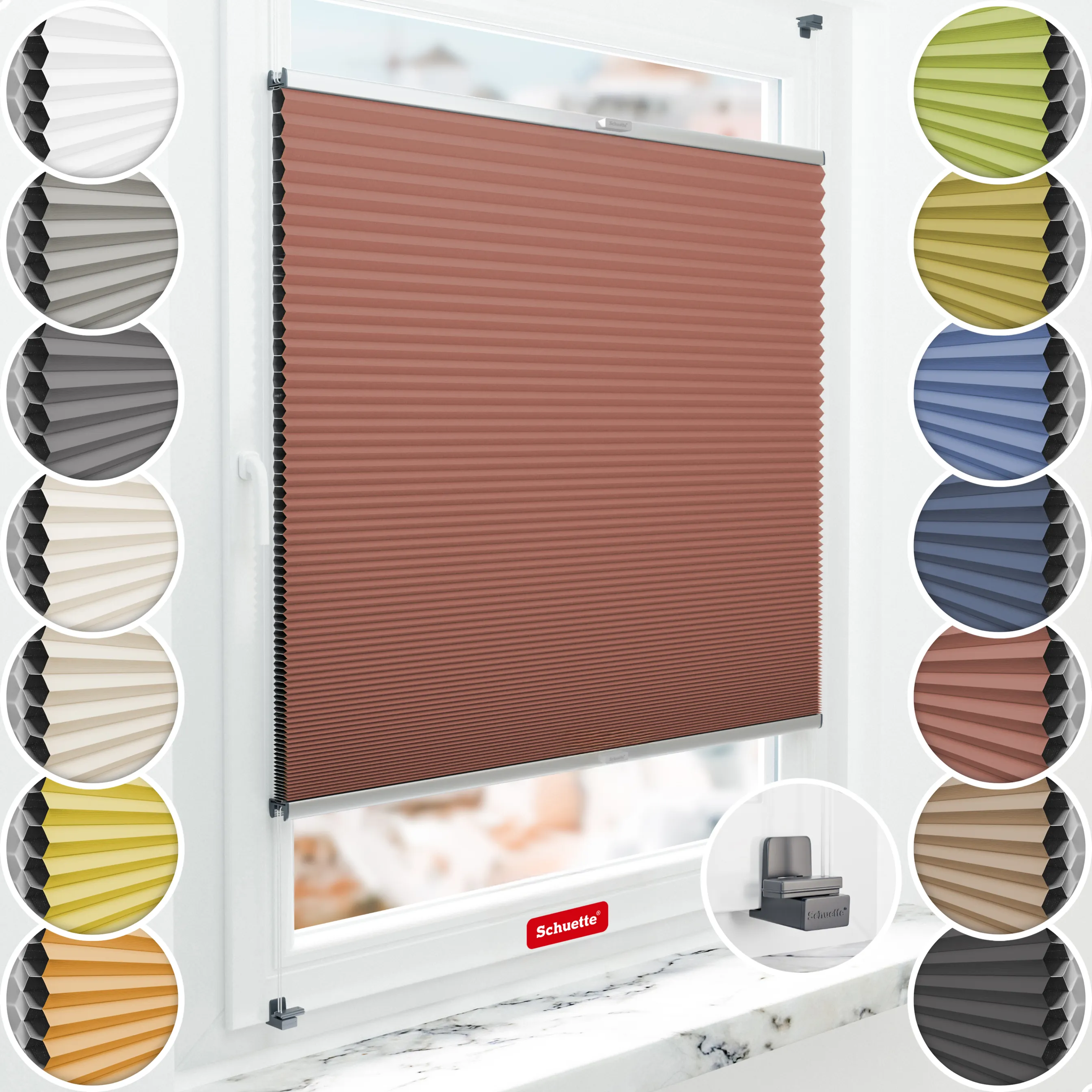 Schuette® Wabenplissee ohne Bohren nach Maß • Suprafix Klemmhalter "X" • Honey Kollektion: Poppy Petal (Dunkelrot) • Profilfarbe: Silber