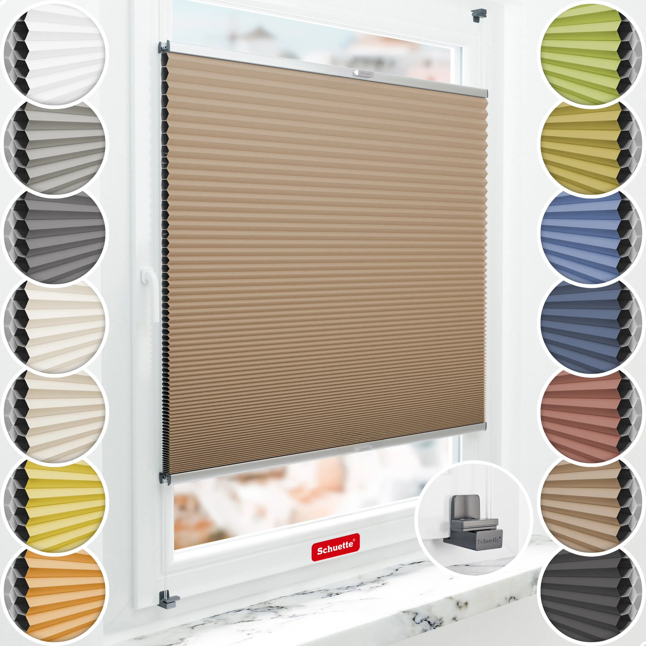 Schuette® Wabenplissee ohne Bohren nach Maß • Suprafix Klemmhalter "X" • Honey Kollektion: Maple Wood (Braun) • Profilfarbe: Silber
