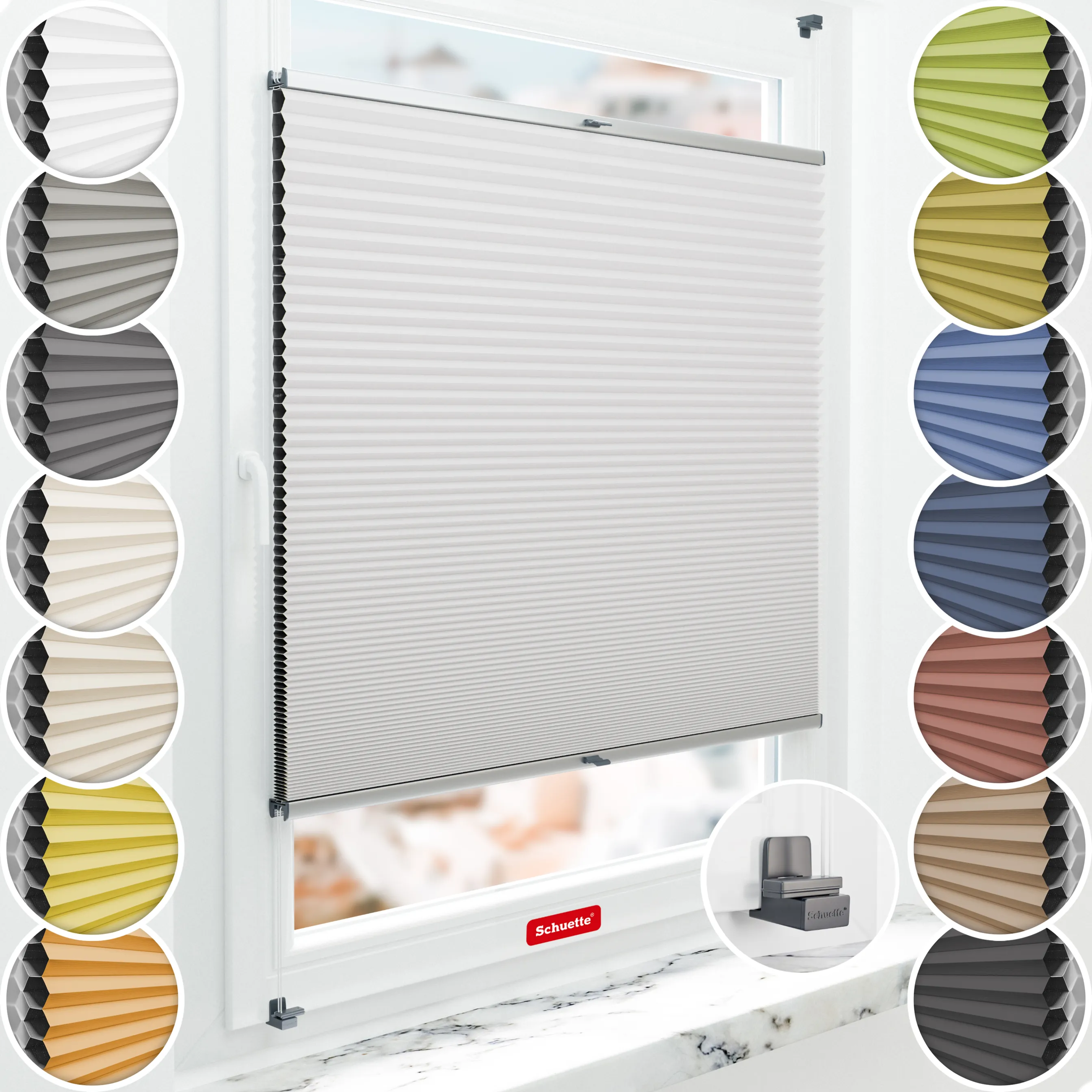 Schuette® Wabenplissee ohne Bohren nach Maß • Suprafix Klemmhalter "X" • Honey Kollektion: Gray-zy in Love (Pastellgrau) • Profilfarbe: Silber