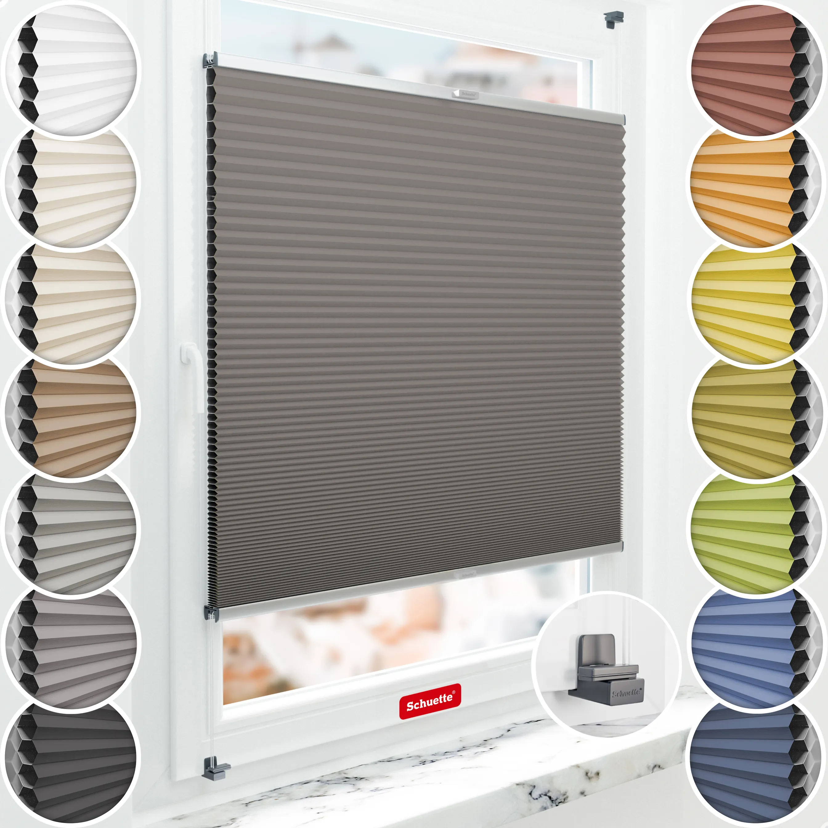 Schuette® Wabenplissee ohne Bohren nach Maß • Suprafix Klemmhalter "X" • Honey Kollektion: Swiss Chocolate (Taupe) • Profilfarbe: Silber