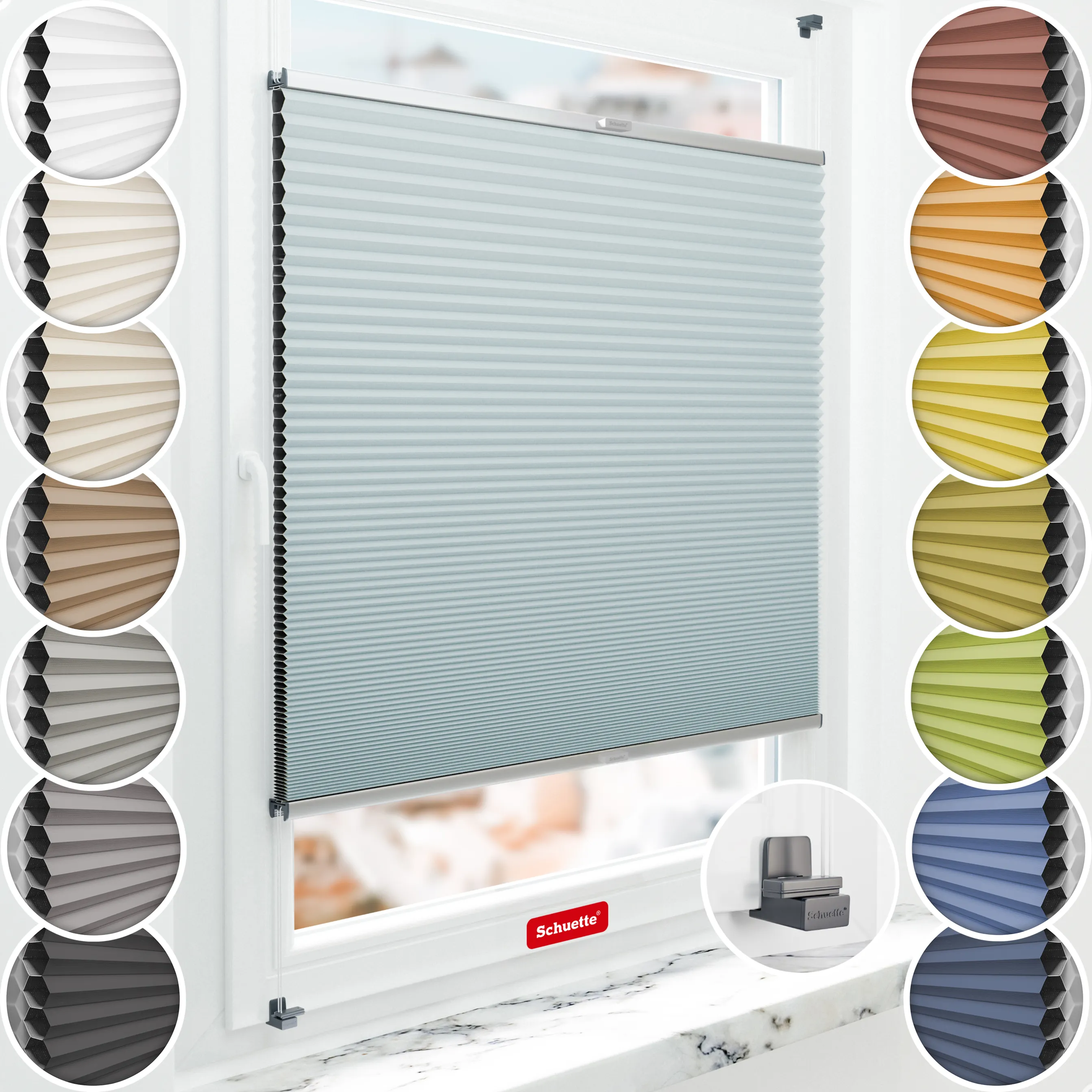 Schuette® Wabenplissee ohne Bohren nach Maß • Suprafix Klemmhalter "X" • Honey Kollektion: Cloud Nine (Pastellblau) • Profilfarbe: Silber