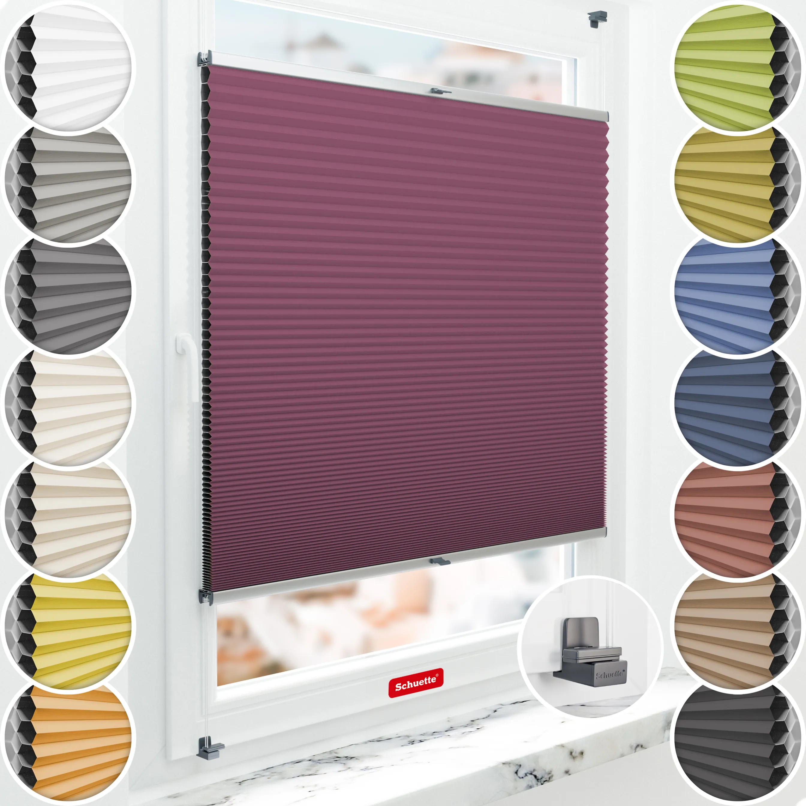 Schuette® Wabenplissee ohne Bohren nach Maß • Suprafix Klemmhalter "X" • Honey Kollektion: Red Velvet (Purpurrot) • Profilfarbe: Silber