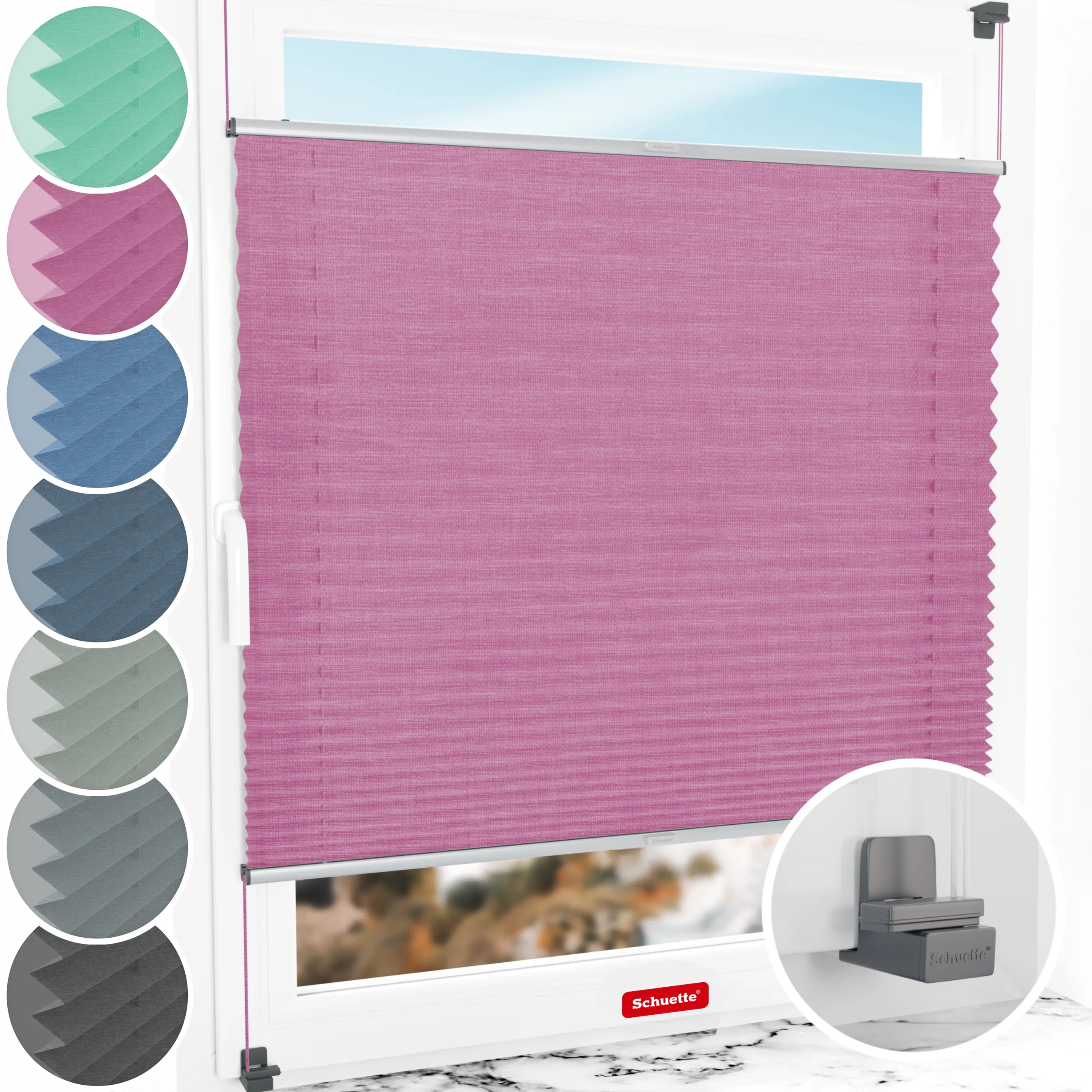 Schuette® Plissee ohne Bohren nach Maß • Suprafix Klemmhalter "X" • Melange Kollektion: Magic Pink (Rosa) • Profilfarbe: Silber