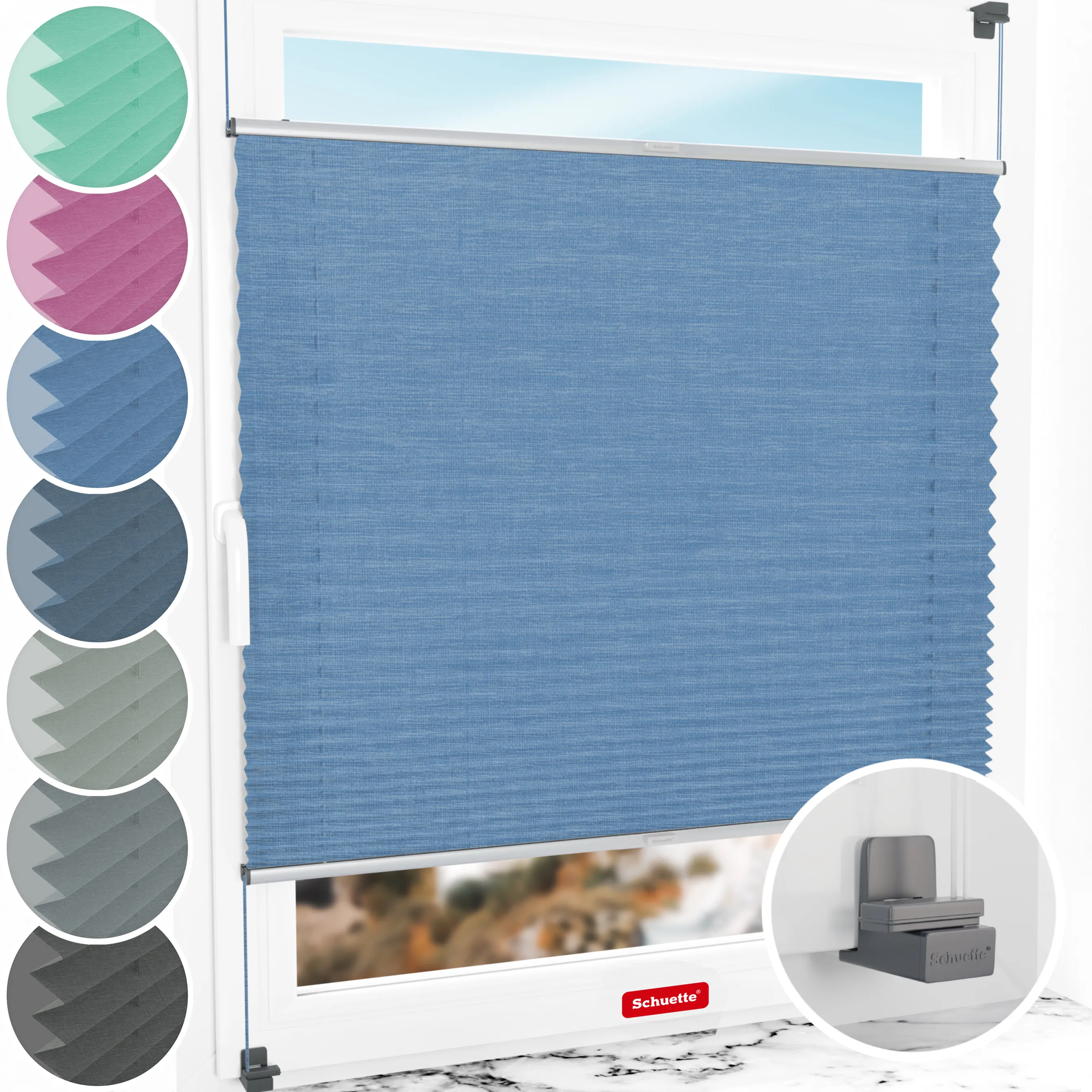 Schuette® Plissee ohne Bohren nach Maß • Suprafix Klemmhalter "X" • Melange Kollektion: Deep Sea (Blau) • Profilfarbe: Silber